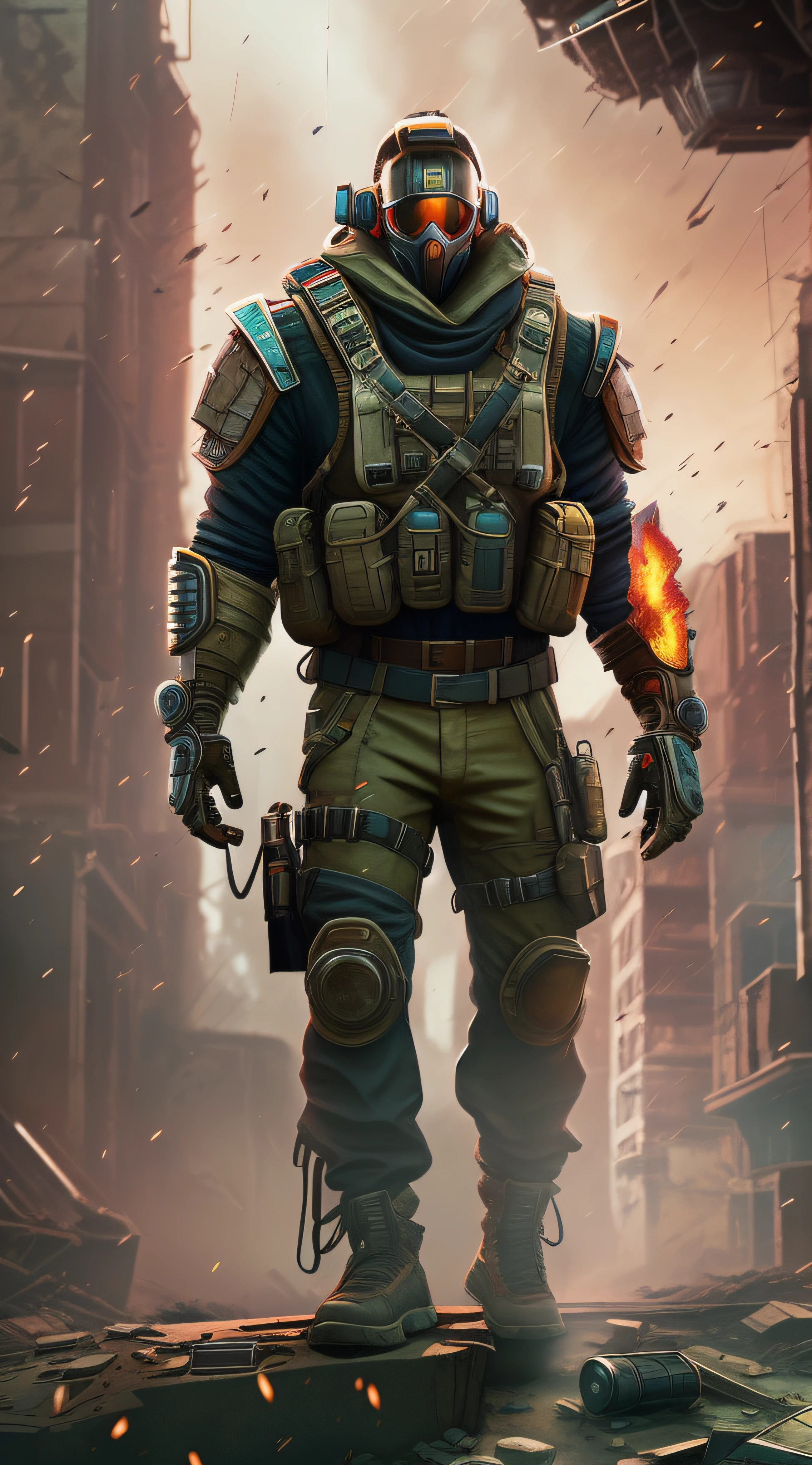 A imagem retrata um personagem americano em uma vista frontal, with an imposing appearance and an athletic body. His war suit is torn and he wields a powerful weapon. The scene takes place in a landscape of a post-apocalyptic city, filled with volumetric dust, que cria uma atmosfera densa e sombria. The character's facial expressions convey the intensity and determination of his mission. Elements of science fiction are present, evidenced by a distinctive silhouette and apocalyptic accessories, combinados com elementos futuristas e cyberpunk. The art style is inspired by cel-shading, com cores fortes e contornos marcantes, resembling a comic book aesthetic. Post-apocalyptic scenarios provide a rich backdrop, with grungy textures and aesthetic villains. There is an emphasis on graphic violence, with particle effects from explosions that create a climate of action and imminent danger. The image is a masterpiece with an exceptional quality, with 8K Ultra HD resolution. Octane rendering and the Unreal 5 engine ensure an impressive level of realism, com detalhes minuciosos e uma atmosfera imersiva. The result is an impactful illustration, that combines action elements, Science fiction and post-apocalypse, Creating a memorable and exciting image.