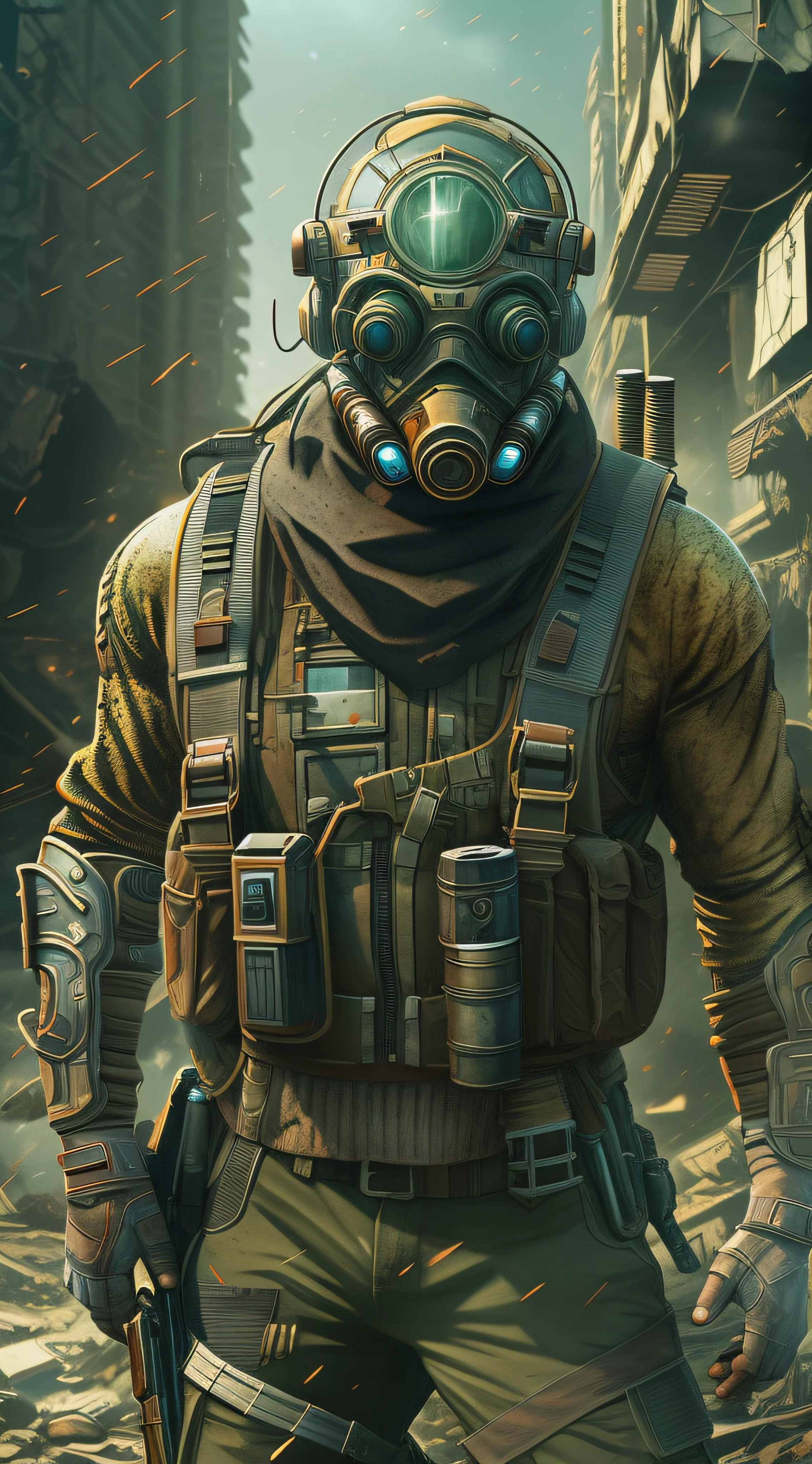 A imagem retrata um personagem americano em uma vista frontal, with an imposing appearance and an athletic body. His war suit is torn and he wields a powerful weapon. The scene takes place in a landscape of a post-apocalyptic city, filled with volumetric dust, que cria uma atmosfera densa e sombria. The character's facial expressions convey the intensity and determination of his mission. Elements of science fiction are present, evidenced by a distinctive silhouette and apocalyptic accessories, combinados com elementos futuristas e cyberpunk. The art style is inspired by cel-shading, com cores fortes e contornos marcantes, resembling a comic book aesthetic. Post-apocalyptic scenarios provide a rich backdrop, with grungy textures and aesthetic villains. There is an emphasis on graphic violence, with particle effects from explosions that create a climate of action and imminent danger. The image is a masterpiece with an exceptional quality, with 8K Ultra HD resolution. Octane rendering and the Unreal 5 engine ensure an impressive level of realism, com detalhes minuciosos e uma atmosfera imersiva. The result is an impactful illustration, that combines action elements, Science fiction and post-apocalypse, Creating a memorable and exciting image.