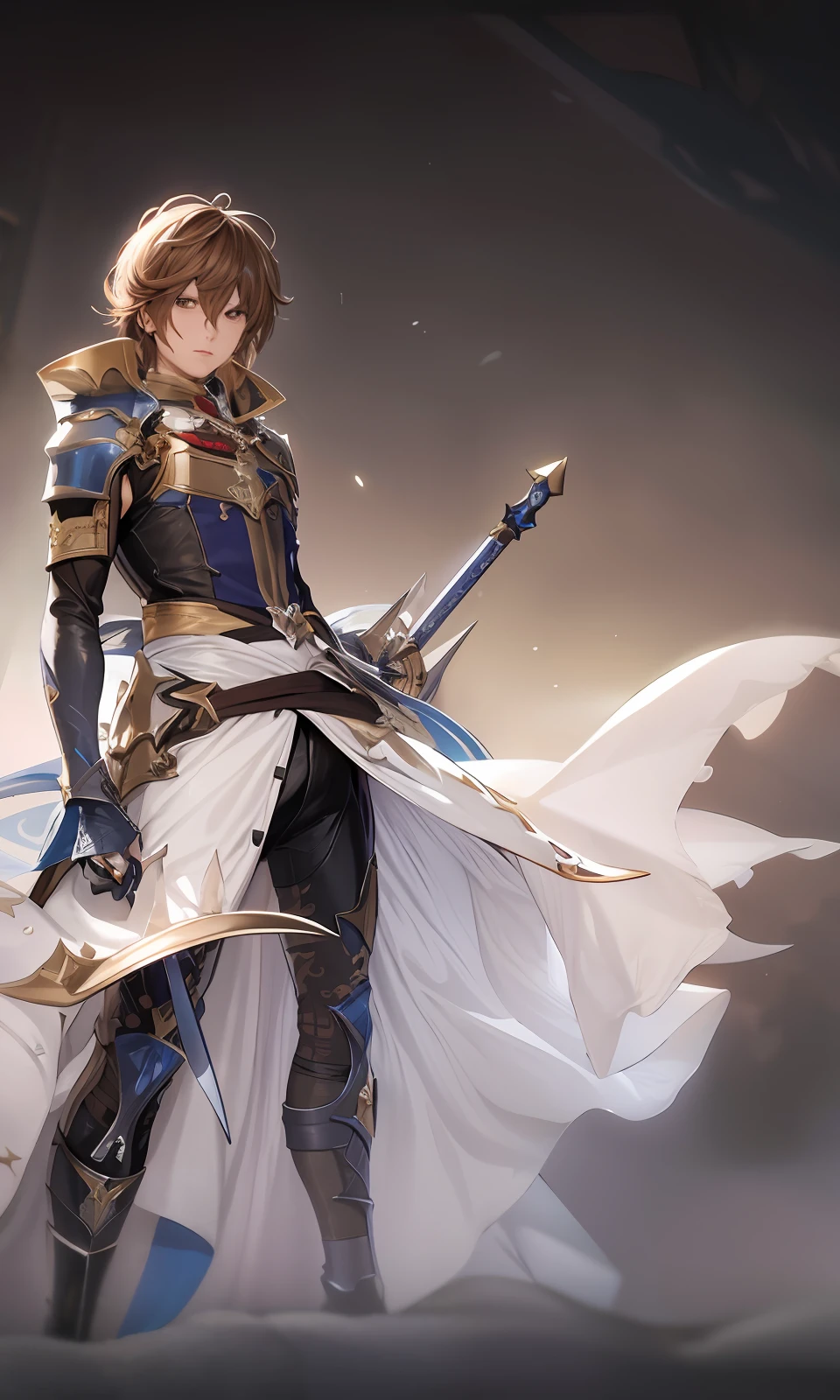 (granblue fantasia),Sandalphon (Grandblue fantasia) 1st grade, com longos cabelos castanhos, olhos avermelhados, vestindo um conjunto completo de armadura (armadura preta), High fantasy setting, (vulkan), e montanhas rochosas ao fundo, sozinho, Foco masculino, tiro completo, O assunto preenche o quadro, anime character with sword and armor standing in front of white background, um paladino masculino humano, Fuso Rei, Personagem JRPG, Paladino masculino, personagem de anime masculino, casimiro arte, com espada grande, imagem de um guerreiro masculino adulto