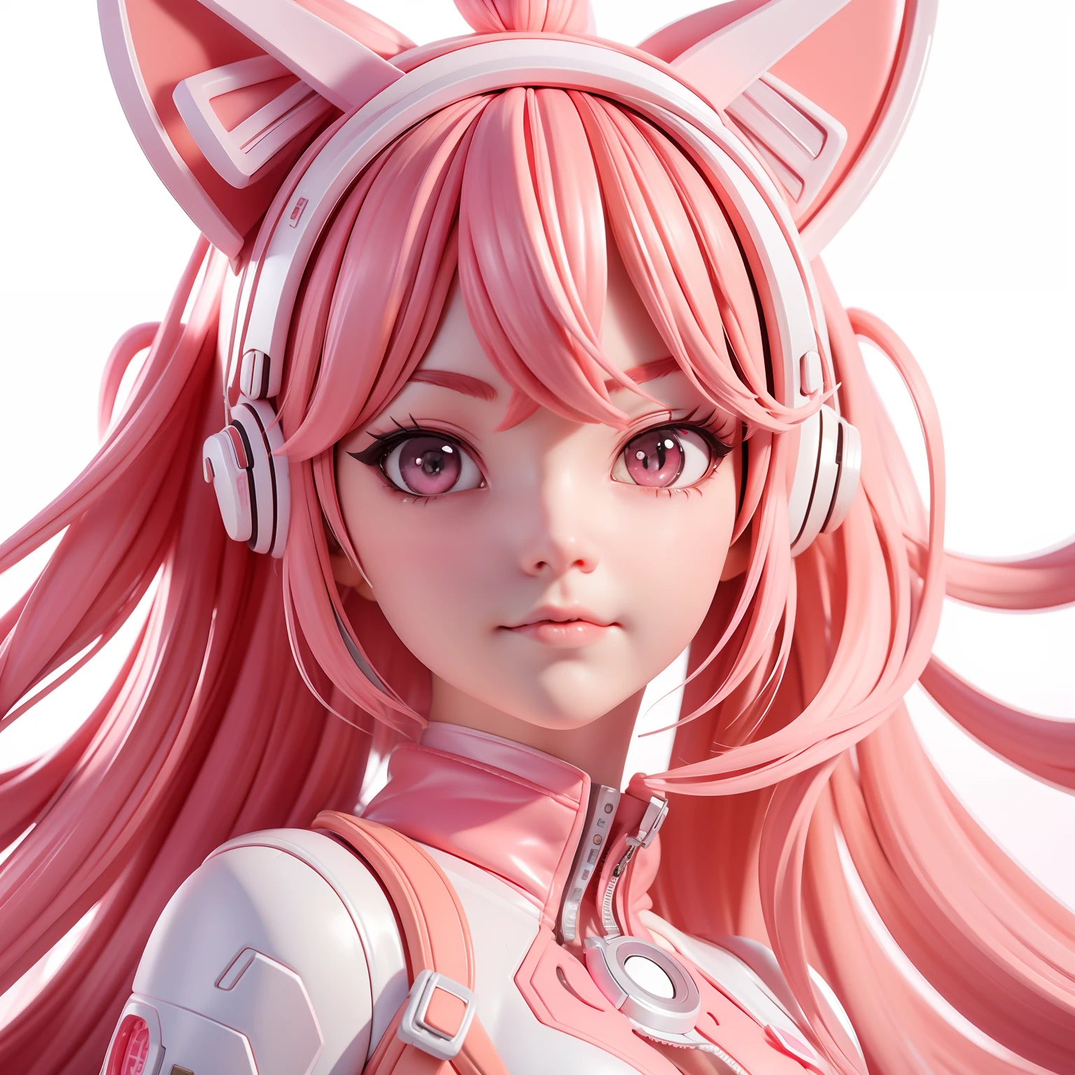 "Cute cyberpunk anime girl with peach pink hair and cat ears, in a portrait style, with an adorable expression, white background."