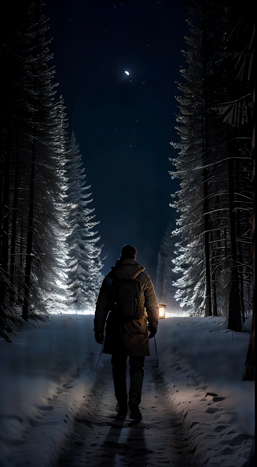 Wanderer entering a dark, enclosed forest in winter at night with a lantern in hand, he sees the night star, a lua. he's on his back, roupa de inverno militar outfit