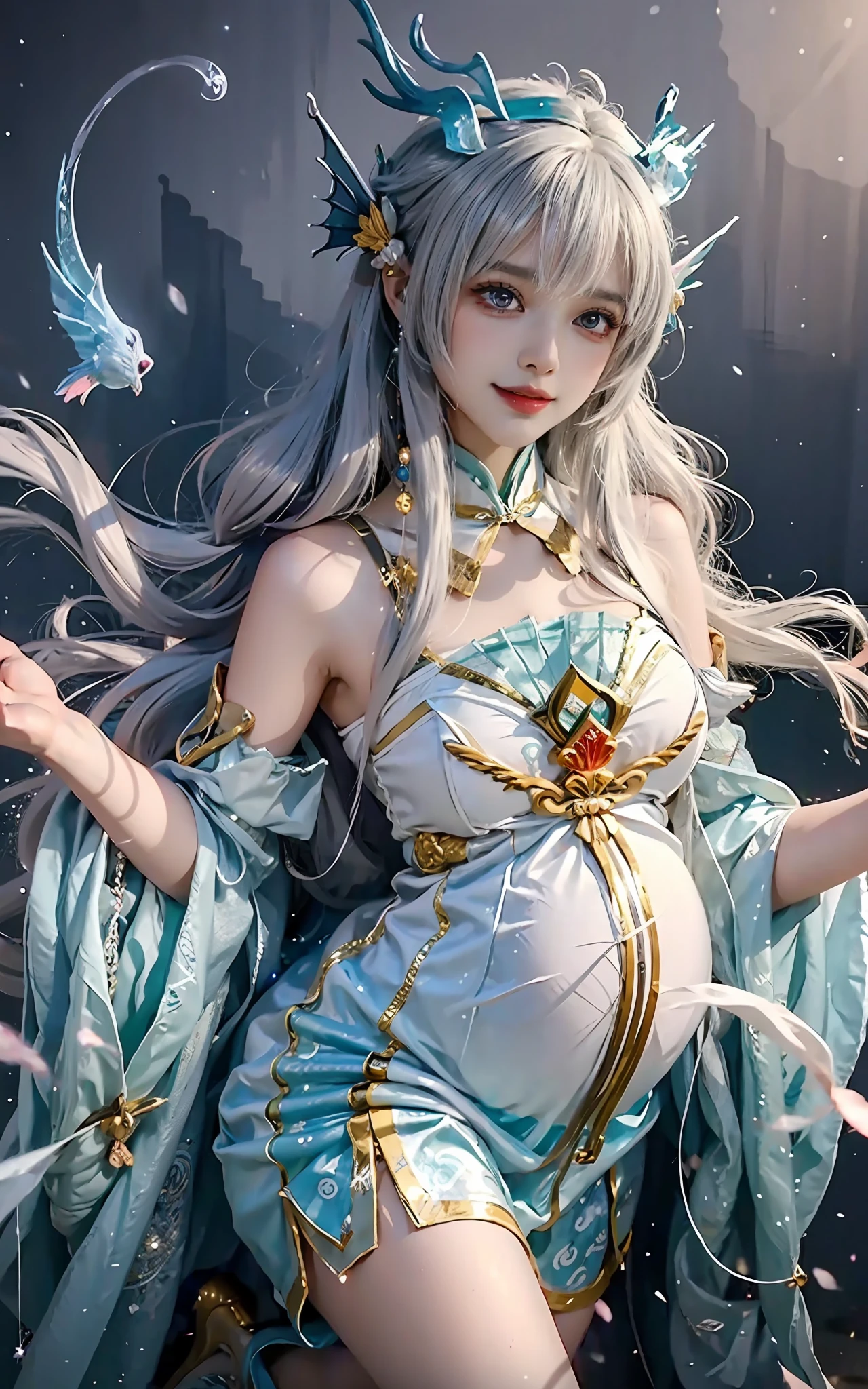 Close-up of a woman in costume on stage,full-body xianxia,beautiful celestial mage,Amazing young ethereal characters,a beautiful fantasy empress,astral witch clothes,shaxi,A flowing magic robe,white hanfu,xianxia fantasy,Beauty Delfin,Ethereal fantasy,Elegant and charming cosplay,heise jinyao,Sit underground,Feminine and colorful,It's tumultuous,pregnant belly, One-piece tights, cabelos preto e longos, Large breasts, Raised sexy, Charming eyes, ssmile, style of anime, 8k, super detail, of the highest quality