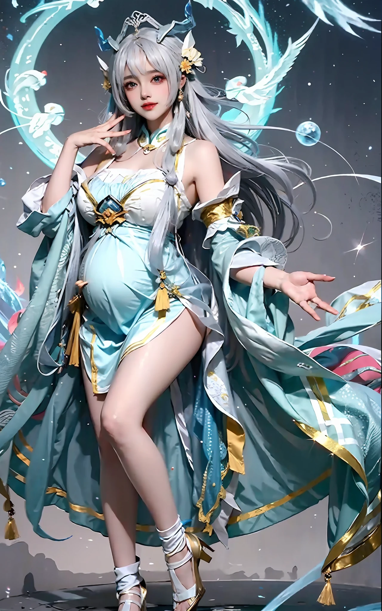 Close-up of a woman in costume on stage，full-body xianxia，beautiful celestial mage，Amazing young ethereal characters，a beautiful fantasy empress，astral witch clothes，shaxi，A flowing magic robe，white hanfu，xianxia fantasy，Beauty Delfin，Ethereal fantasy，Elegant and charming cosplay，heise jinyao,Sit underground，Feminine and colorful，It's tumultuous，pregnant belly, One-piece tights, cabelos preto e longos, Large breasts, Raised sexy, Charming eyes, ssmile, style of anime, 8k, super detail, of the highest quality