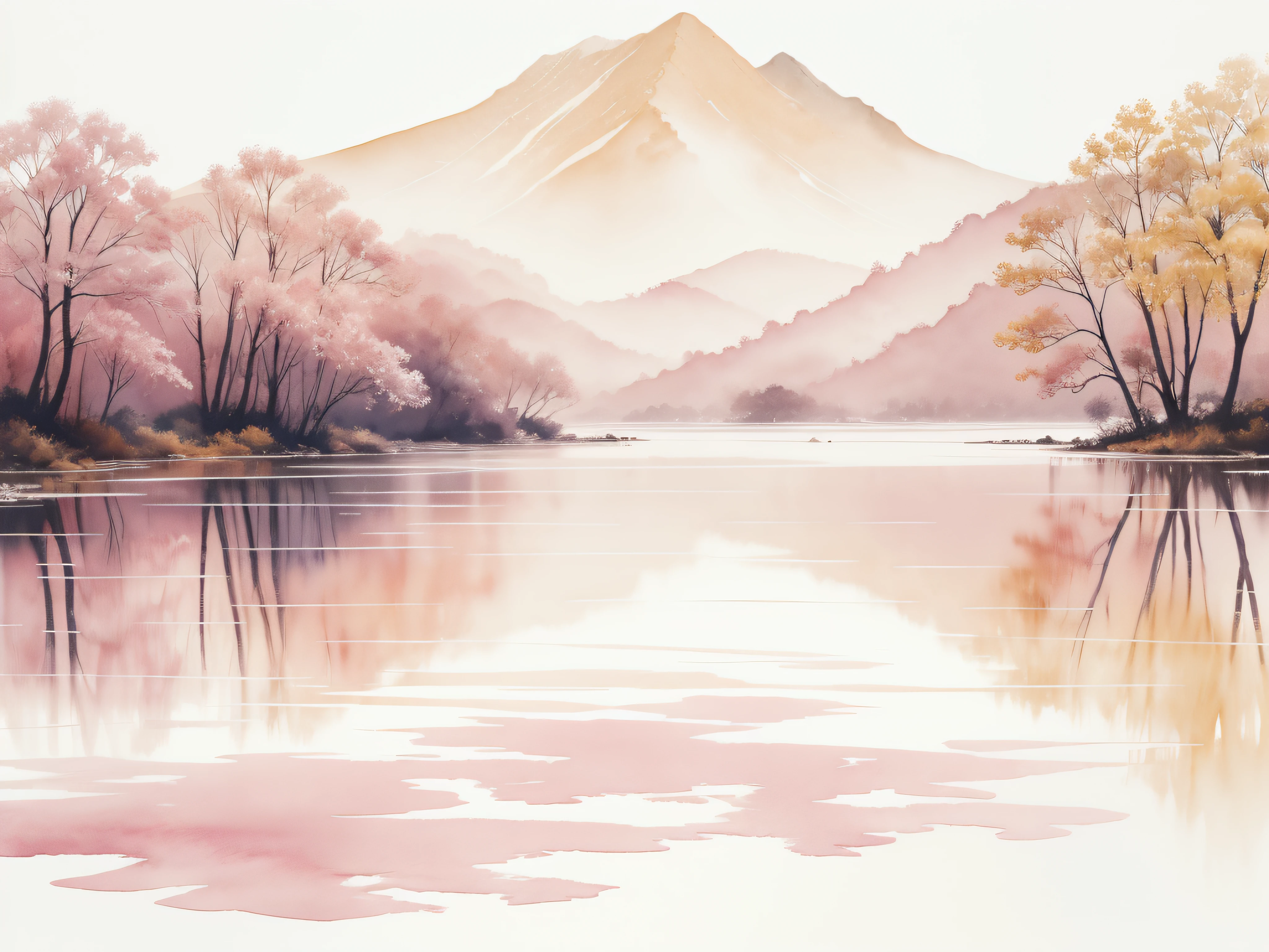 Watercolor landscape painting isolated on white background、watercolor paiting、Splash technique to reproduce wet conditions、Blurry atmosphere、Unique composition、Abstract representation、Contains elements of surrealism、Pale tones、Pale pink and gold color scheme、high resolution details、Ink splash effect、Pale colors。