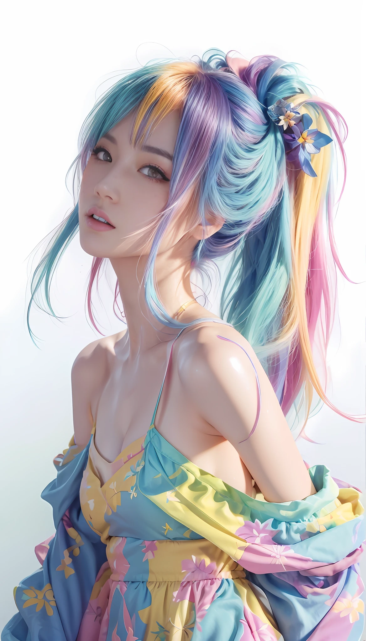 ((ultra detailed)),((Bright eyes)), (Detailed eyes) , 8k, blink blink, (The Little Faux Freckles Makeupgirl), ((realistic skin)), ((focus detailed 2 straps on the shoulders of dress)) , ((shiny facial skin)), with colorful hair and a colorful dress, rossdraws pastel vibrant, rossdraws cartoon vibrant, style anime 8k, beautiful portrait, artgerm colorful!!!, ! dream artgerm, beautiful anime girl, styled digital art, art wallpaper 8k, digital art, extremely detailed artgerm,