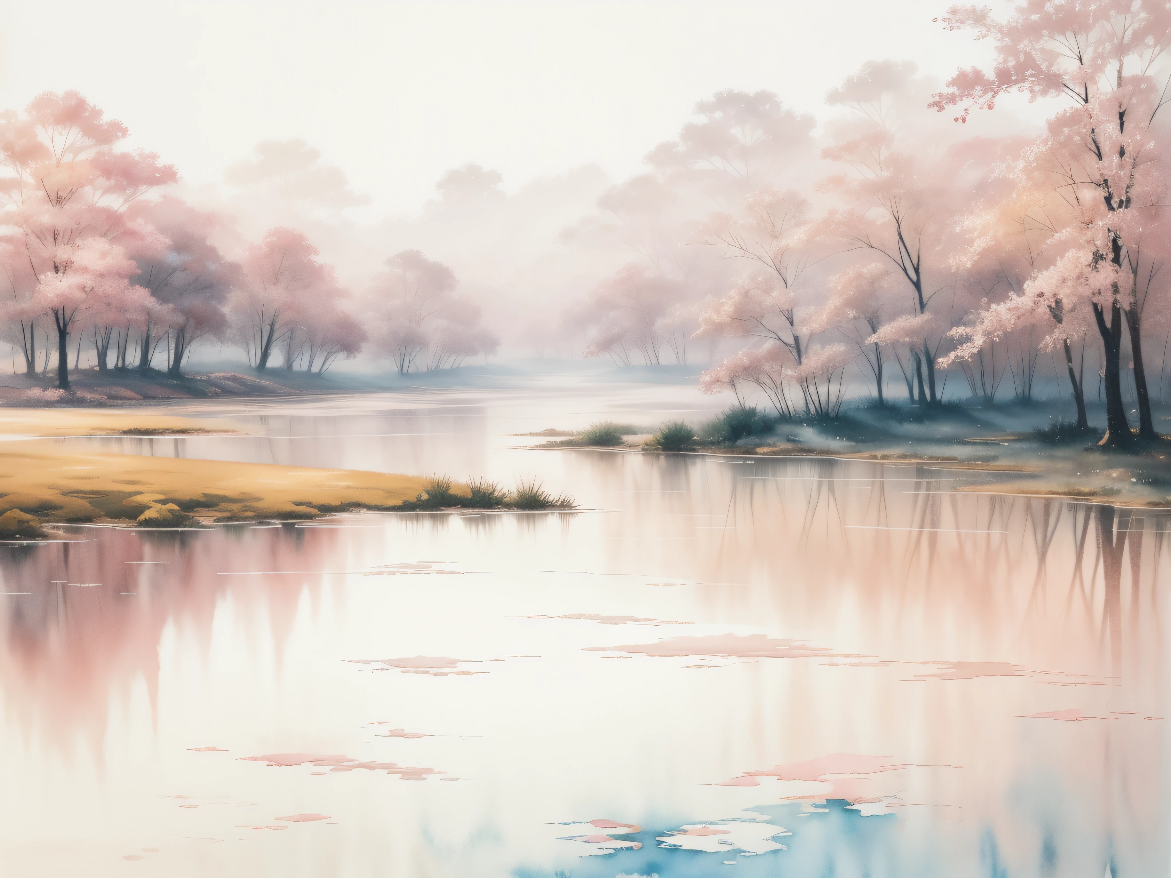 Watercolor landscape painting isolated on white background、watercolor paiting、Splash technique to reproduce wet conditions、Blurry atmosphere、Unique composition、Abstract representation、Contains elements of surrealism、Pale tones、Pale pink and gold color scheme、high resolution details、Ink splash effect、Pale colors。