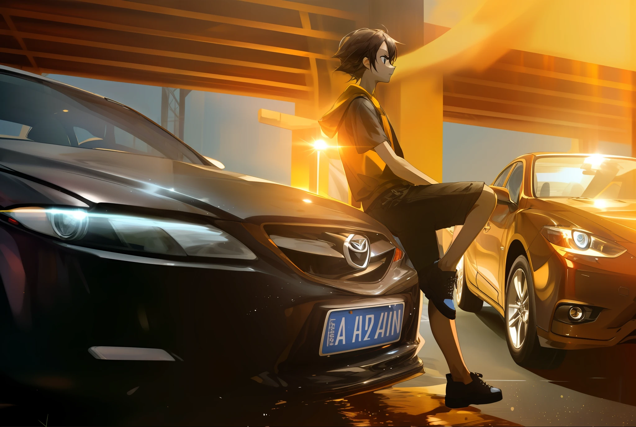 midynight,Sit on the hood of the car,Mazda