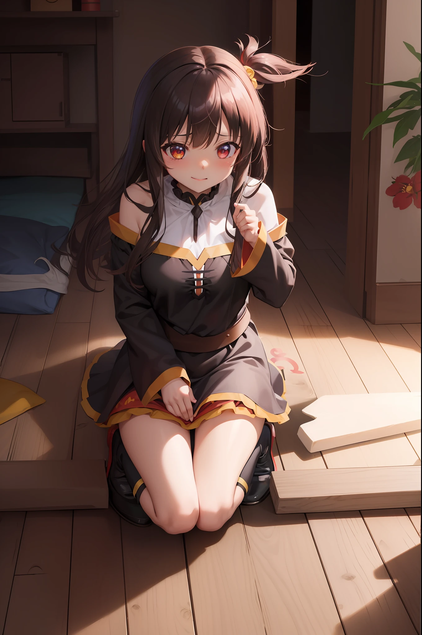 master part, best quality, uma menina_megumin_konosuba, sozinho, quimono, Flores de cabelo, floral, ,sentado, hands on knees, cabelos curtos e castanhos, olhos vermelhos