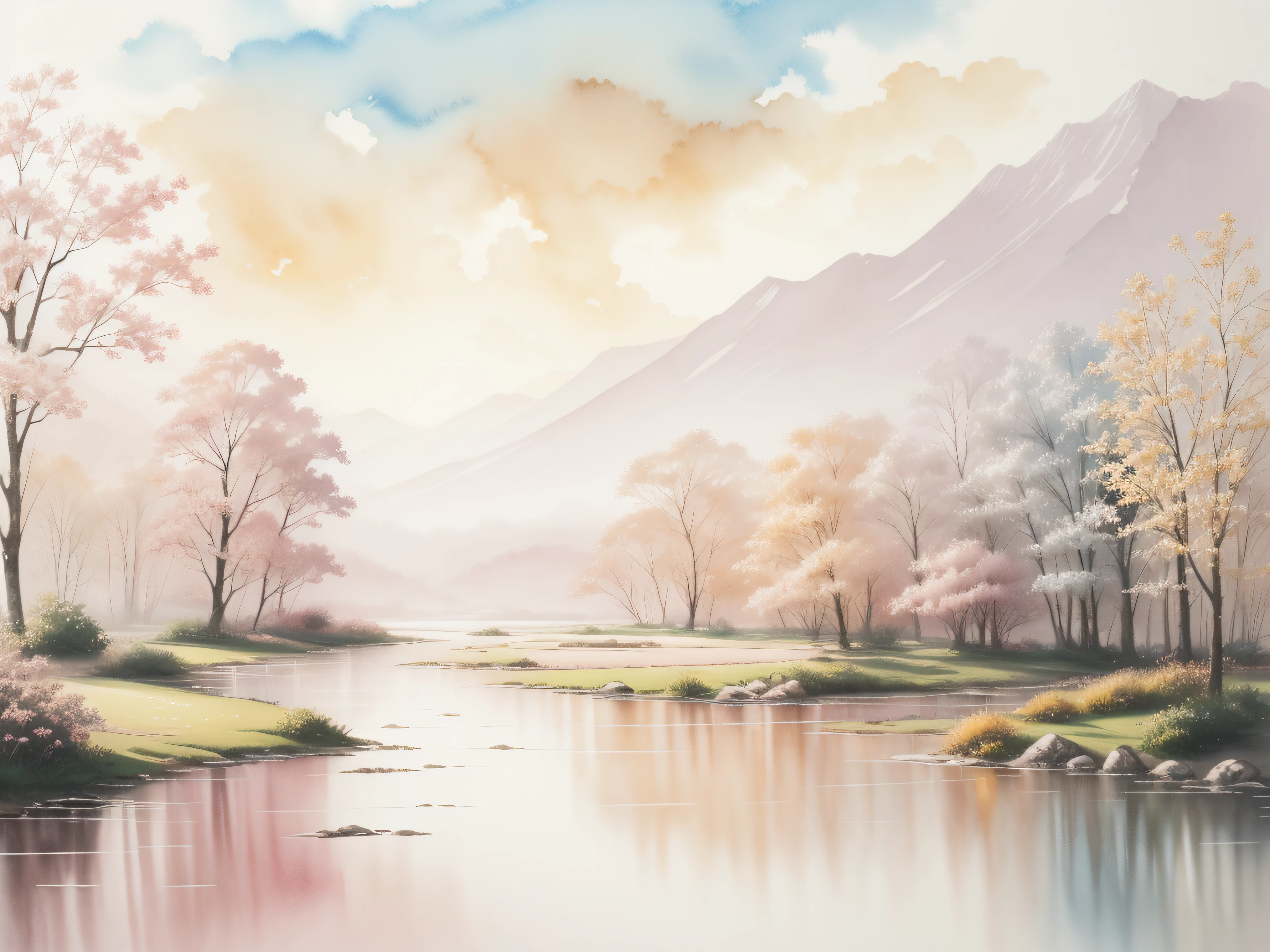Watercolor landscape painting isolated on white background、watercolor paiting、Splash technique to reproduce wet conditions、Blurry atmosphere、Unique composition、Abstract representation、Contains elements of surrealism、Pale tones、Pale pink and gold color scheme、high resolution details、Ink splash effect、Pale colors。