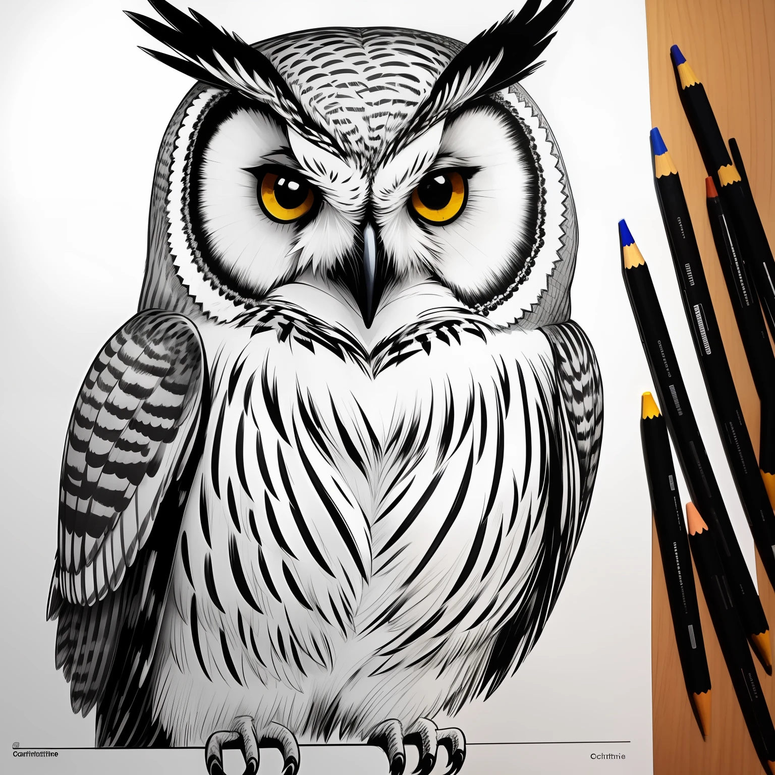 Coloring book, outline art, drawing, sketch, black and white, an owl, realistic.