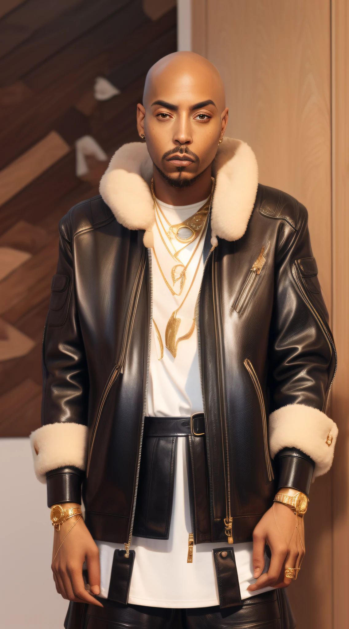 1rapper with Bald hair, T Pose, Fantasy Background, modern mink Fur Jacket (Gucci) (Fendi) (H R Gigger), High End Luxury Fashion, Lots of GOld Chains Jewelry and Diamonds, fog, detailed and realistic image, amazing composition with vintage scenery with abstract shapes, abstract minimalist background with tentacles, melt, drip, yoshitomo nara:1.5, wes anderson:1.3, new casualism, retro, minimalism,BiopunkAI