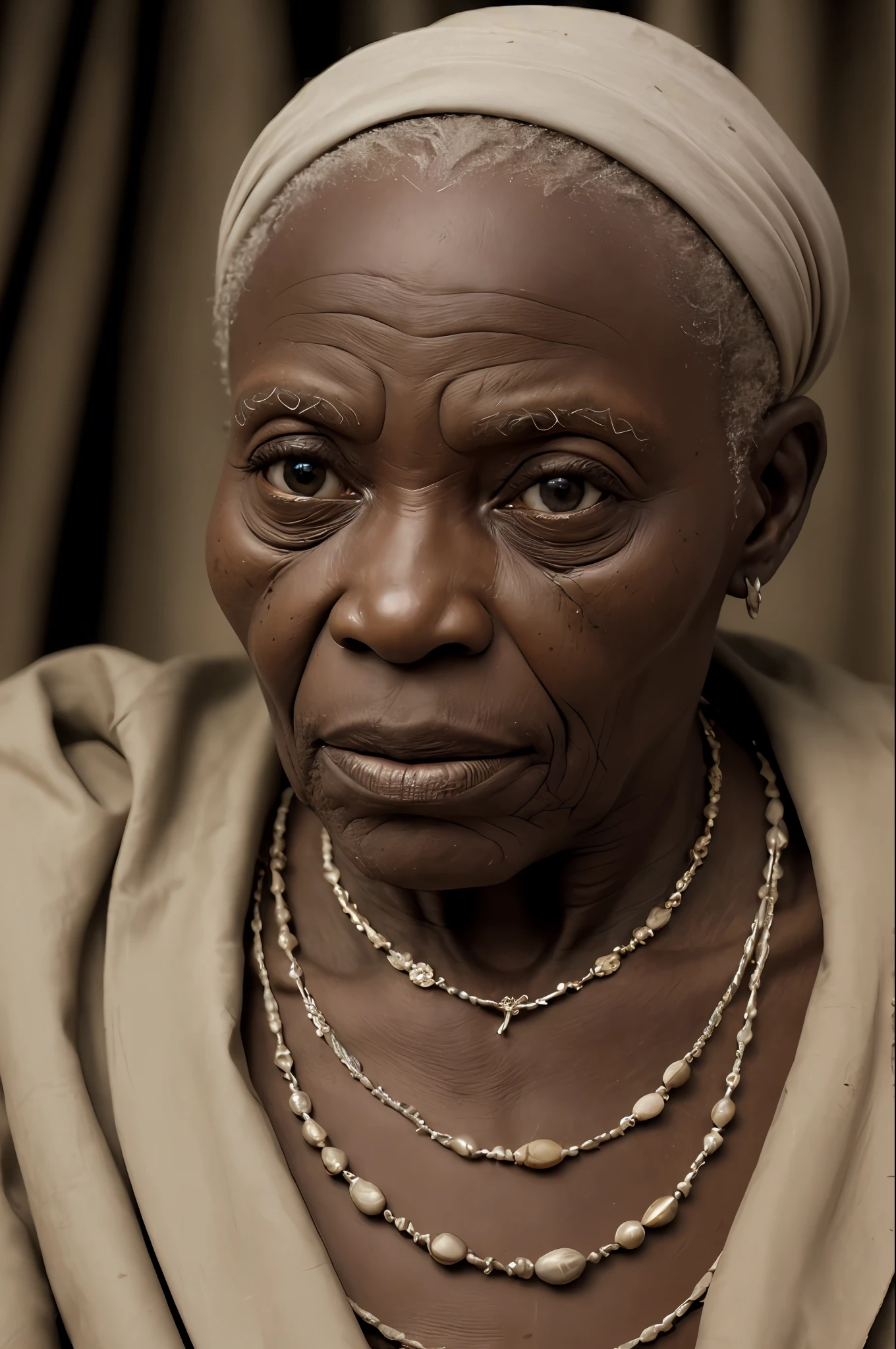 Photo of a congolese woman, wrinkles, aged, necklace, crowded papers room, closeup, neutral colors, barren land