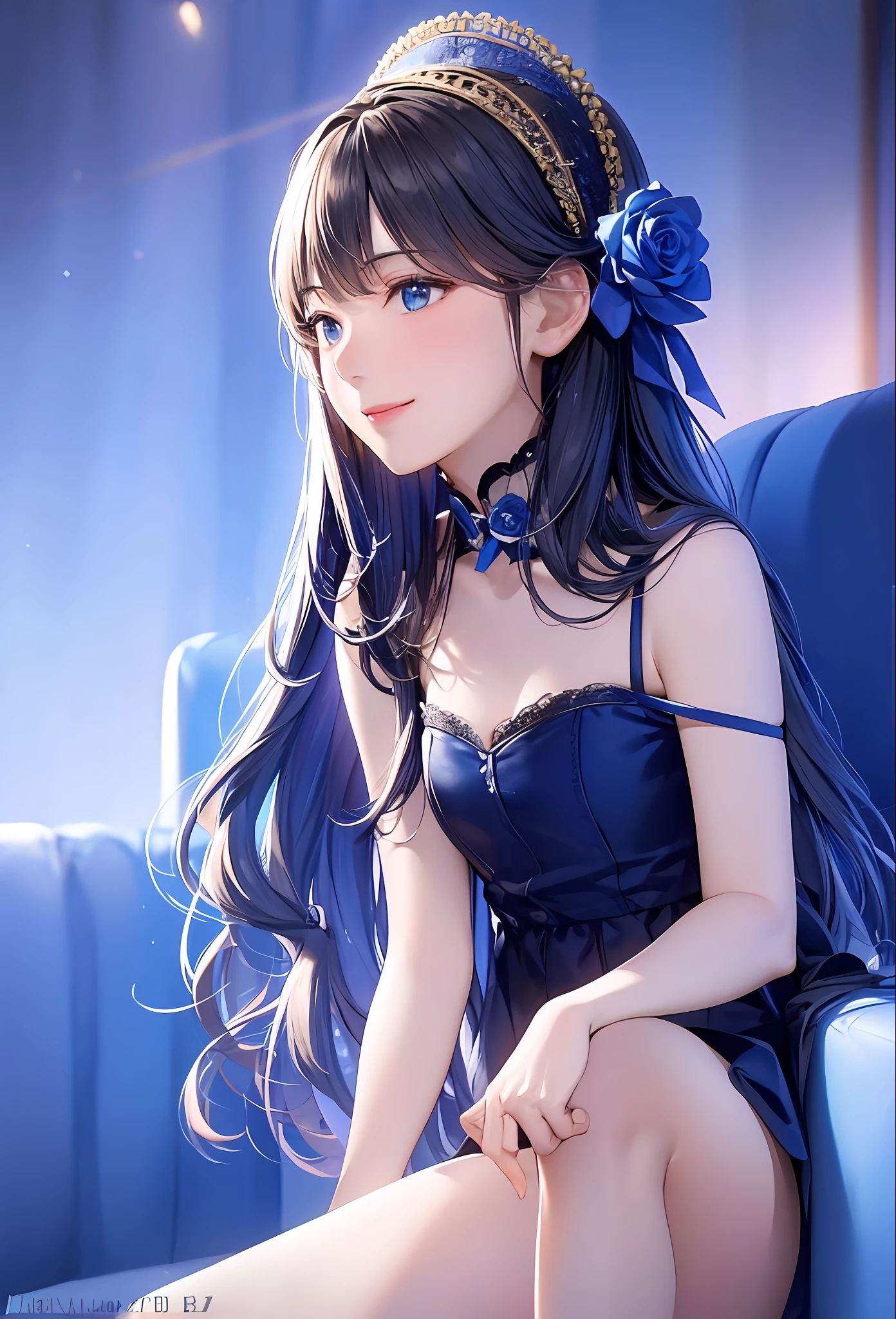 (8k, top quality, masterpiece: 1.2), (realistic, photorealistic: 1.37), super detailed, girl alone, cute, solo, midnight, beautiful detailed sky, detailed café, sitting, dating, (blush), (smile: 1.15), small breasts (mouth closed), beautiful fine eyes, floating hair NovaFrogStyle, back open dress, blue rose accessories, Blue rose background