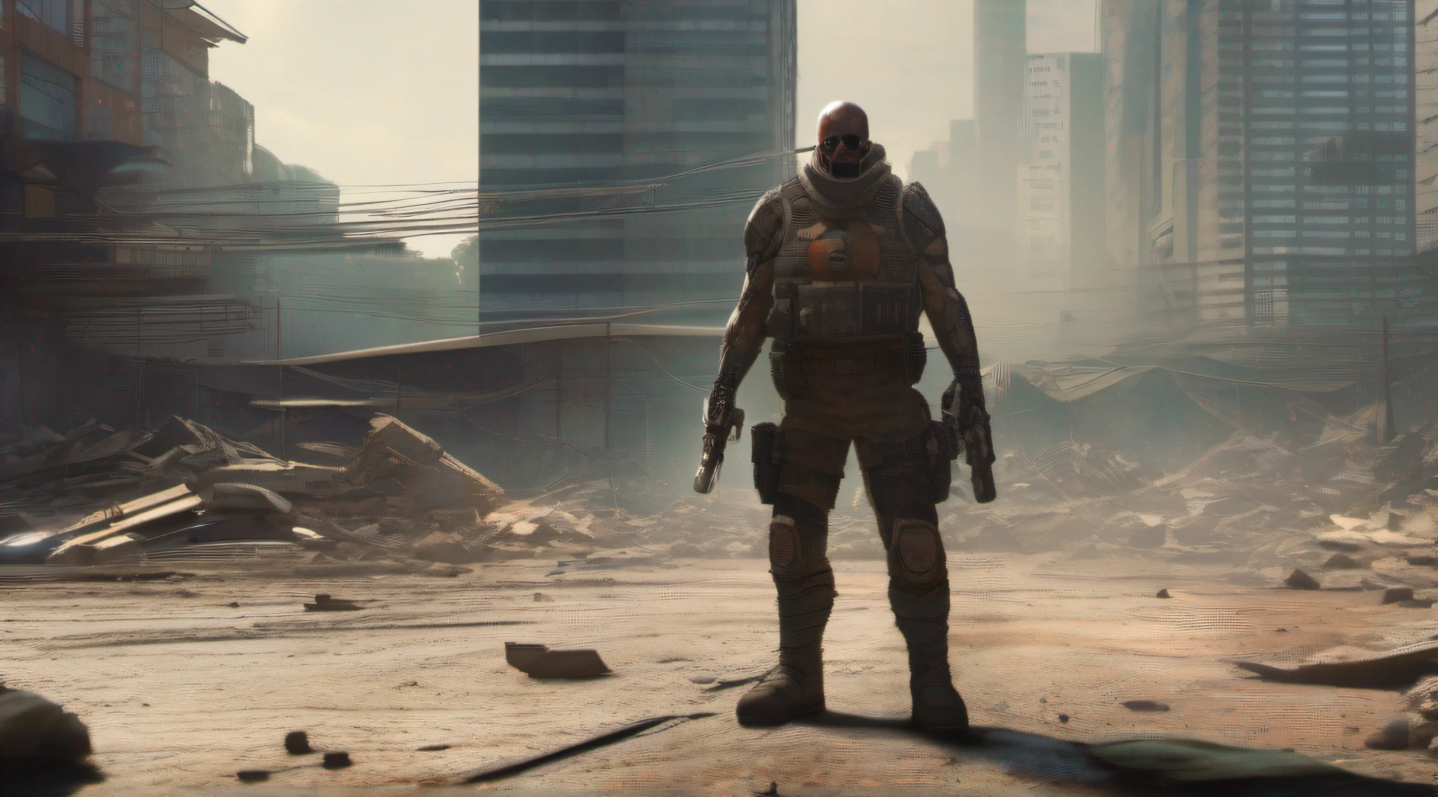 A imagem retrata um personagem americano em uma vista frontal, with an imposing appearance and an athletic body. His war suit is torn and he wields a powerful weapon. The scene takes place in a landscape of a post-apocalyptic city, filled with volumetric dust, que cria uma atmosfera densa e sombria. The character's facial expressions convey the intensity and determination of his mission. Elements of science fiction are present, evidenced by a distinctive silhouette and apocalyptic accessories, combinados com elementos futuristas e cyberpunk.

The art style is inspired by cel-shading, com cores fortes e contornos marcantes, resembling a comic book aesthetic. Post-apocalyptic scenarios provide a rich backdrop, with grungy textures and aesthetic villains. There is an emphasis on graphic violence, with particle effects from explosions that create a climate of action and imminent danger.

The image is a masterpiece with an exceptional quality, with 8K Ultra HD resolution. Octane rendering and the Unreal 5 engine ensure an impressive level of realism, com detalhes minuciosos e uma atmosfera imersiva. The result is an impactful illustration, that combines action elements, Science fiction and post-apocalypse, Creating a memorable and exciting image.