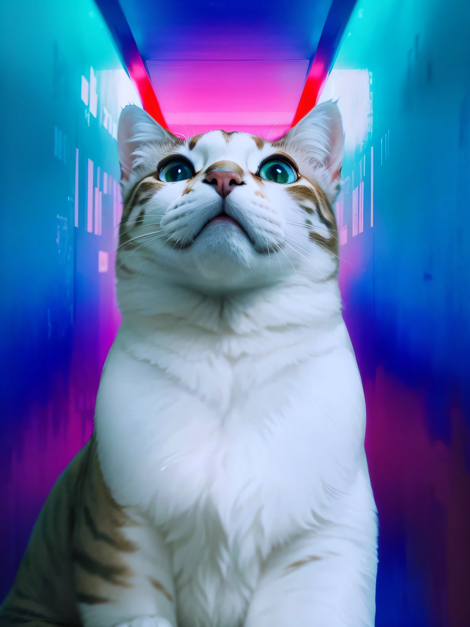 there's a cat that's sitting, looking-into-camera, looking-into-camera, com nariz estreito, foto de um gato, parecendo surpreso, parecendo confuso, Tem um olhar penetrante, staring directly at camera, Pose frontal, looking away from camera, orgulhoso olhando para longe, peludo bonito precisa de sua ajuda, Looking away from the camera, solid color backdrop, preservar face, solid color art