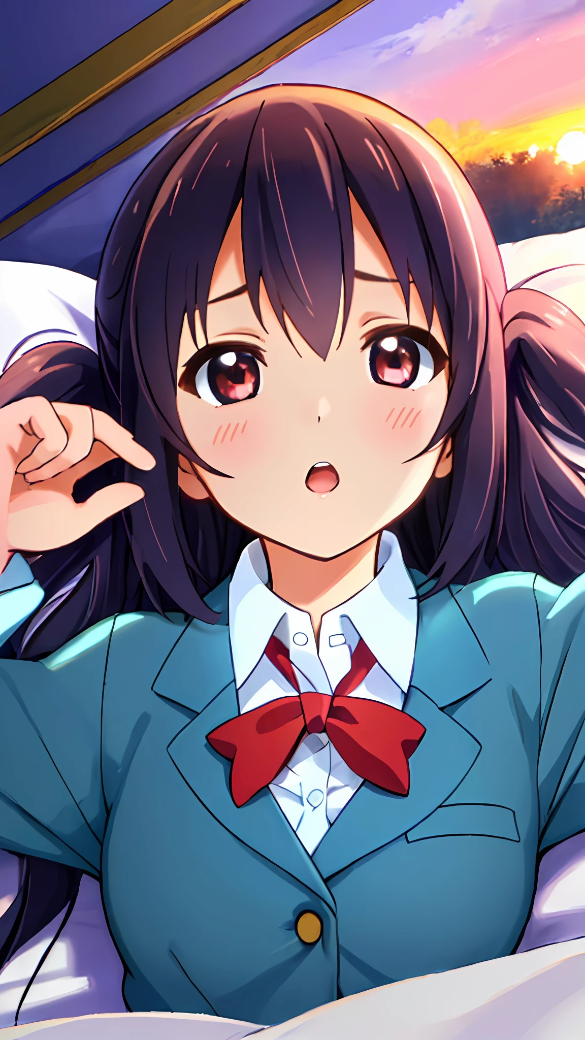 1girl, (((​masterpiece))), top-quality, top-quality, High Details, nakano azusa, 1girl, Sakuragaoka High School Uniform, student clothes, Twin-tailed, length hair, A dark-haired, brown-eyed, 独奏, reddish, Dark blue blazer with thin red ribbon, Solid white buttoned shirt under blazer, illustratio, comic strip, soothing tones, Subdued Color, Soft cinematic light, adobe lightroom, photolab, HDR, intricately and hyper-detailed、(((depth of fields))))。(((​masterpiece)))。(((top-quality))).)((ultra-detailliert)))。(((illustratio)))。(((a bed))).dynamic focus.big breasts.(((Face of sadness))). open mouth.(((lie on one's side))).(((up chest))).((evening glow)).((the setting sun)).PILLOWS