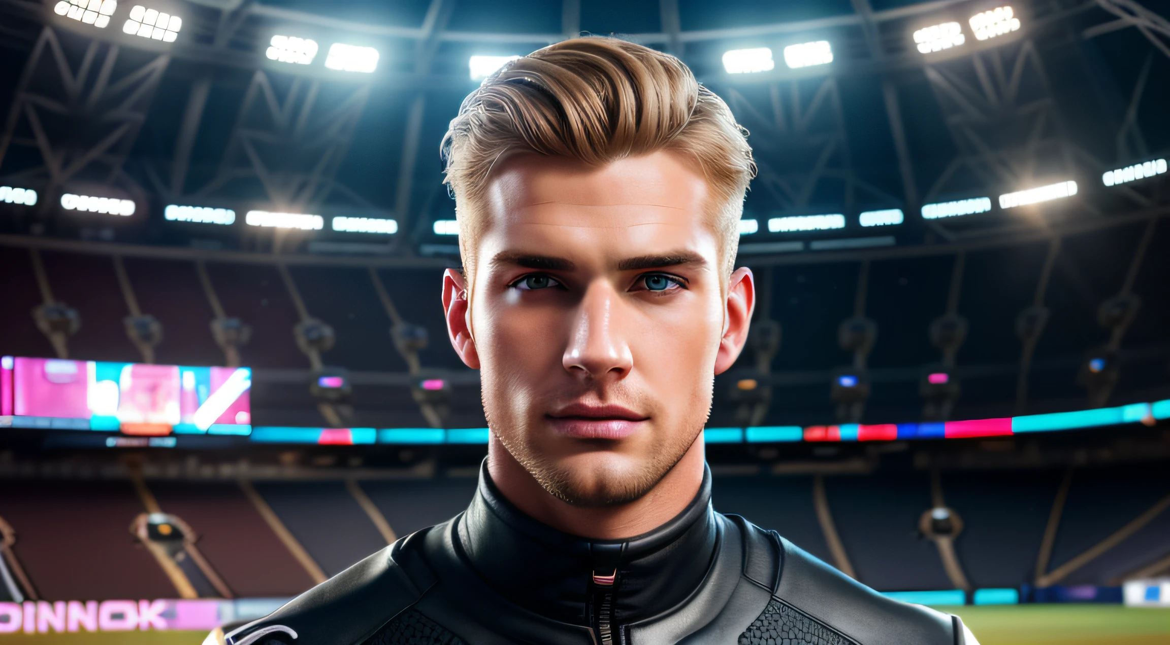 Image of a handsome Caucasian man on a stadium that is out of focus, staring into the camera, blonde hair, rule of thirds, locate to the right of the image, wide angle lens, 5 meter distance from the camera, landscape, man, young, handsome face, detailed face, fair skin, detailed hair, looking at viewer, stunning realistic photograph, octane render, intricately detailed, cinematic, Isometric, hyperrealistic cover photo, awesome full color, 12k, high definition, cinematic, stylized digital art, smooth, ultra high definition, 8k, unreal engine 5, intricate artwork masterpiece, vibrant, (masterpiece), (best quality), (ultra high resolution), (8k resolution), (ultra detailed), (raytracing),