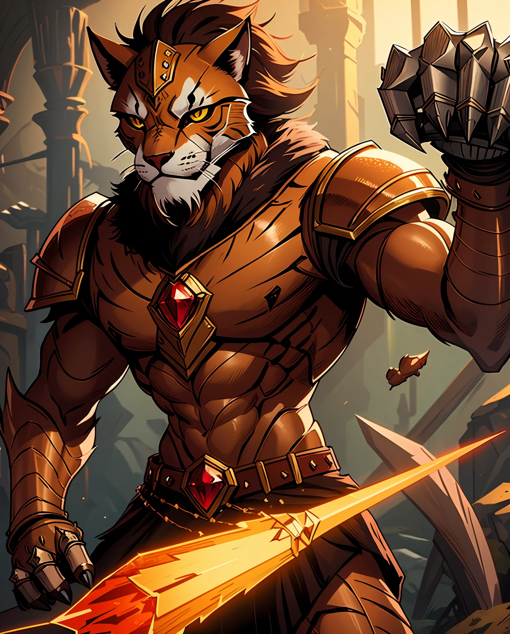 Khajiit, light brown fur, wearing rusty brown fur armor with rubies, raptor-like claws, long needle-like bone helm, masterpiece, best quality