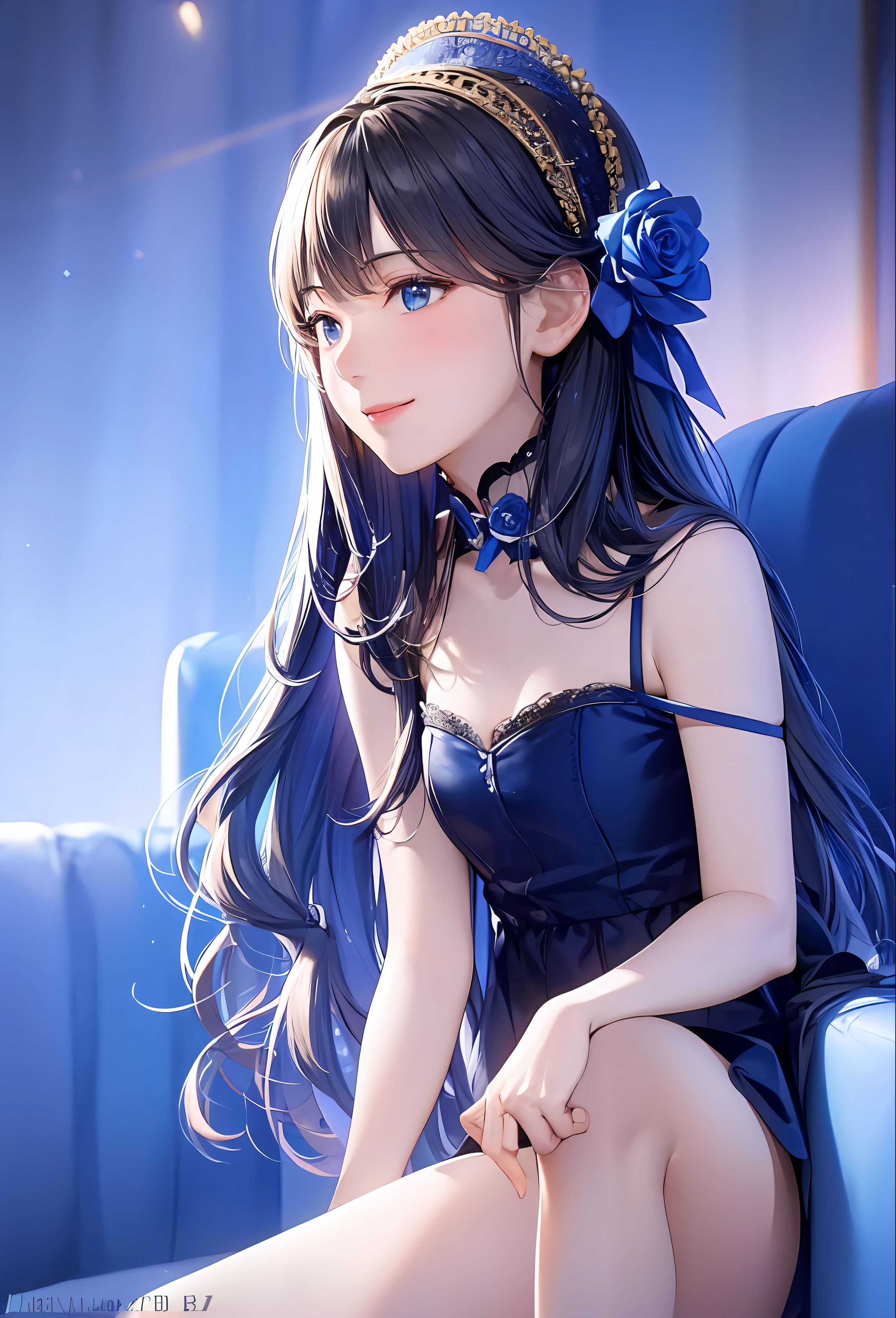 (8k, top quality, masterpiece: 1.2), (realistic, photorealistic: 1.37), super detailed, girl alone, cute, solo, midnight, beautiful detailed sky, detailed café, sitting, dating, (blush), (smile: 1.15), small breasts (mouth closed), beautiful fine eyes, floating hair NovaFrogStyle, back open dress, blue rose accessories, Blue rose background
