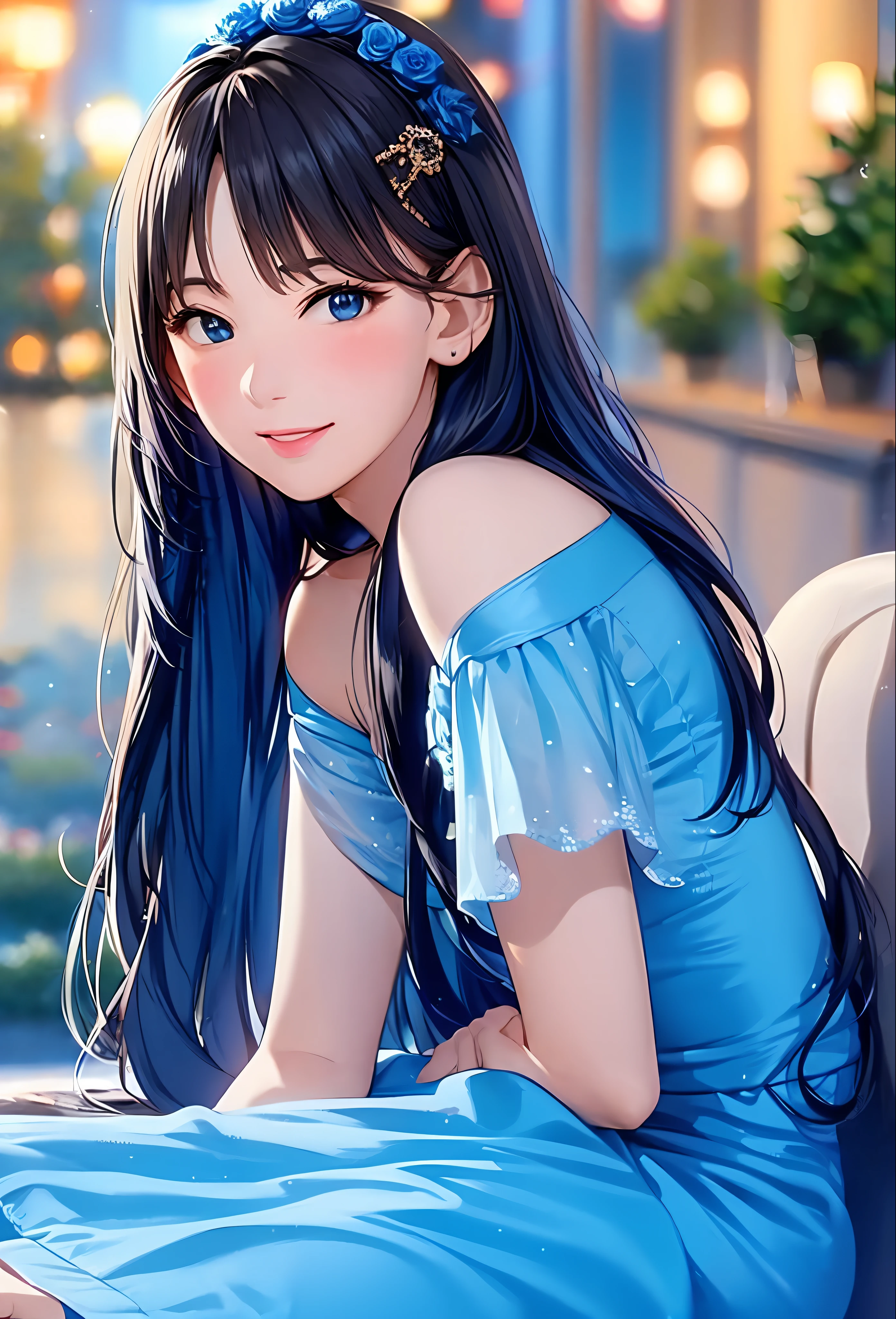 (8k, top quality, masterpiece: 1.2), (realistic, photorealistic: 1.37), super detailed, girl alone, cute, solo, midnight, beautiful detailed sky, detailed café, sitting, dating, (blush), (smile: 1.15), small ??????? (mouth closed), beautiful fine eyes, floating hair NovaFrogStyle, back ??????????, blue rose accessories, Blue rose background