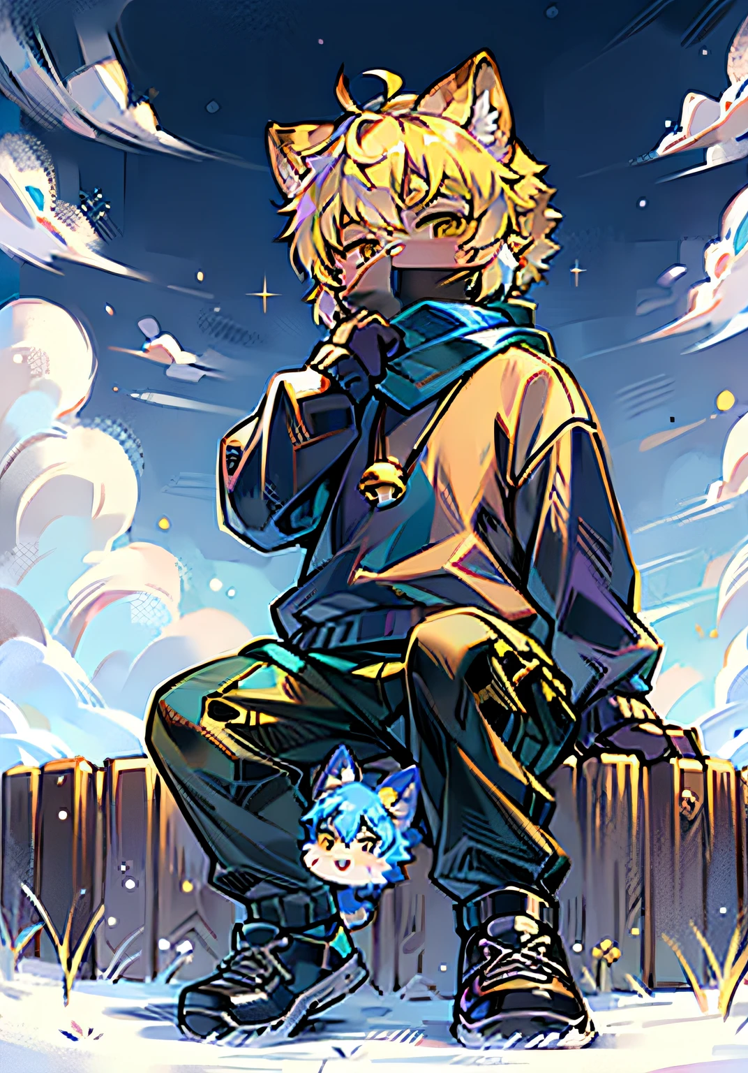spheres,trpical garden,short detailed hair,blond hairbl,ahoge,Bell,Earphone,lowerbody,Gamine,hairy pubic,Cat ears,with her mouth open,clouds,daysies,Skysky,suns,in the winter,No spots,Cubs,Yellow hairs everywhere,Yellow fur everywhere,Cat ears,Cat type,large fluffy tail,tmasterpiece,High-quality portraits,human - shaped,Cubs,sbeard,Solitary boy,ventania,posing on a,full-shot,full bodyesbian,Black sweatshirt,black long pants,Blue scarf,black sneaker shoes,Super cute face,Cute boys,wearing face mask,Cool