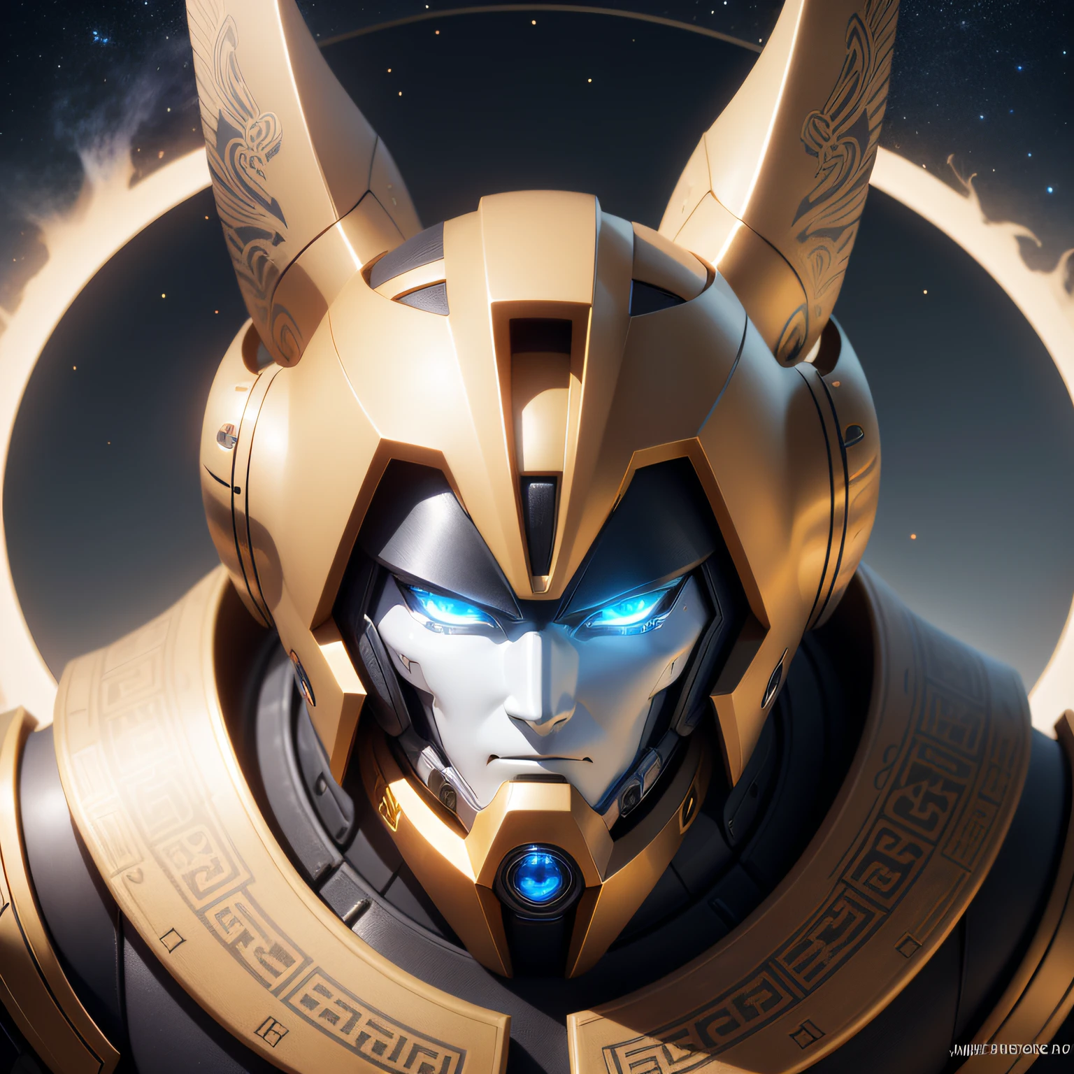Draw a close-up of a robot with a Hermes motif。The robot's face is shaped like a Hermes helmet.、Its design is reminiscent of ancient Greek ornaments。His eyes seem to reflect the characteristics of Hermes as a god of wisdom and invention.、It shines like looking into the abyss。The background is a starry sky、In it is a star that symbolizes Mercury。Style is surrealist、Lighting is a sacred light、Colors are based on silver and gold、Painted in tones reminiscent of ancient Greek art。Composition uses a telephoto lens、The face of the robot is drawn so that it occupies the entire screen。 --ar 16:9 --v 5.1 --style raw --q 2 --s 750