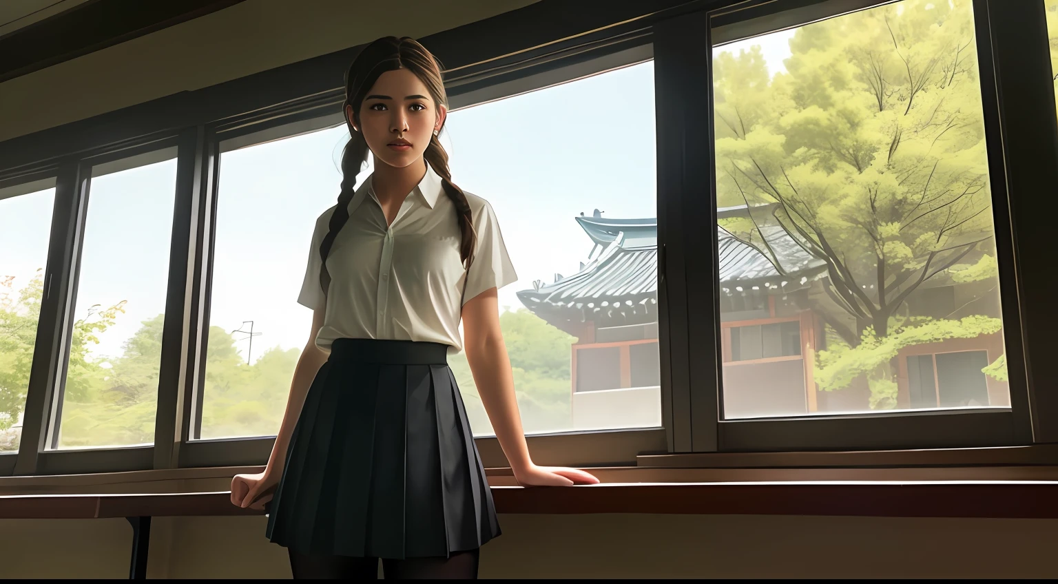 Beautiful young Ellen, half-open cotton shirt, pleated skirt, dark tights, sneakers, from The Last of Us part 1, game, hyperrealistic, , model's body, small breasts, beautiful breasts, long hair, braided hair, legs long, 8k, detailed scenery, classroom in Korea, sunlight sun, ambient lighting