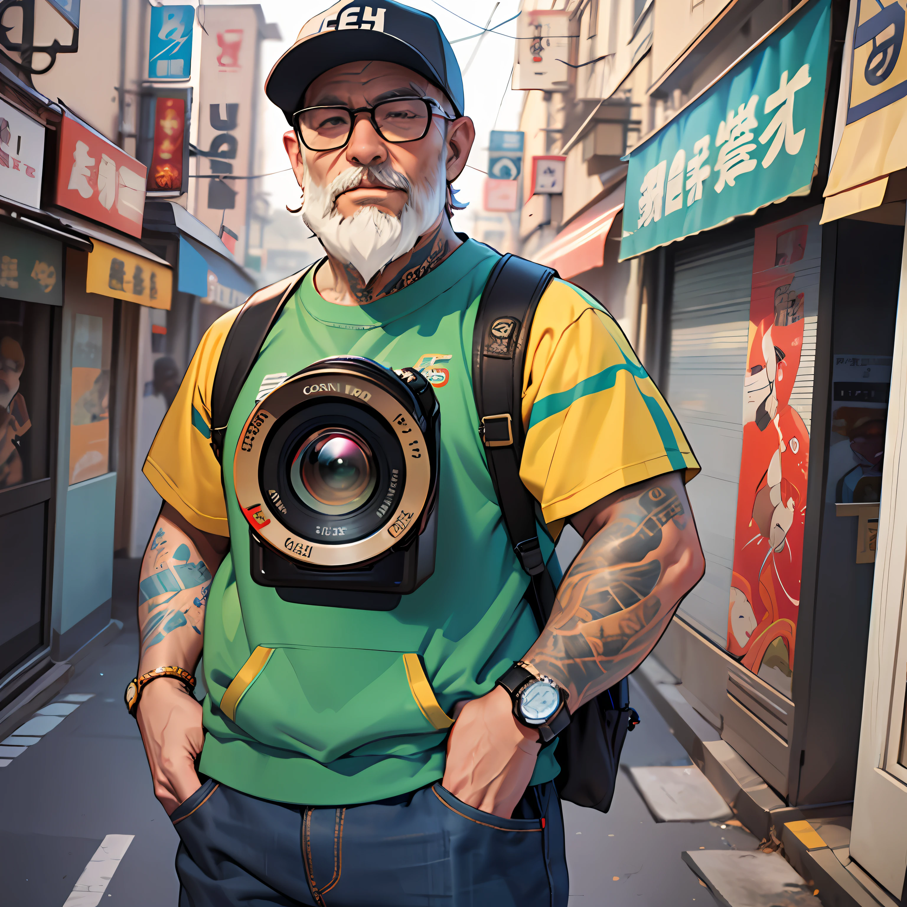 （（A 60-year-old white-bearded man takes a photo with a DSLR camera：1.2）），frontage，Wear a sweatshirt，With a baseball cap，Wearing sunglasses，Canon camera，Dragon Ball painting art style，Japanese cartoon style，Wearing glasses，There are tattoos on the arms，Wrist watch。