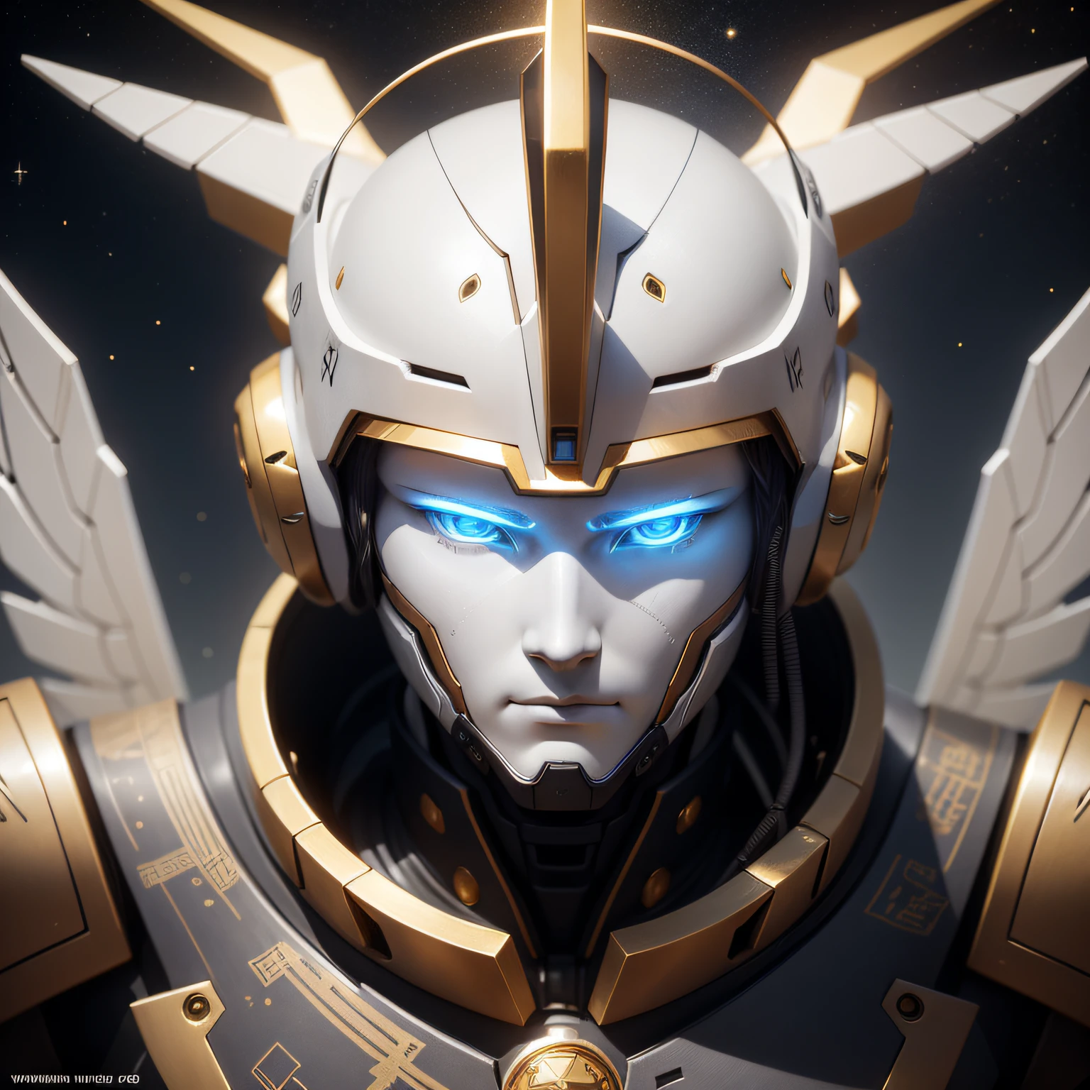 Draw a close-up of a robot with a Hermes motif。The robot's face is shaped like a Hermes helmet.、Its design is reminiscent of ancient Greek ornaments。His eyes seem to reflect the characteristics of Hermes as a god of wisdom and invention.、It shines like looking into the abyss。The background is a starry sky、In it is a star that symbolizes Mercury。Style is surrealist、Lighting is a sacred light、Colors are based on silver and gold、Painted in tones reminiscent of ancient Greek art。Composition uses a telephoto lens、The face of the robot is drawn so that it occupies the entire screen。 --ar 16:9 --v 5.1 --style raw --q 2 --s 750