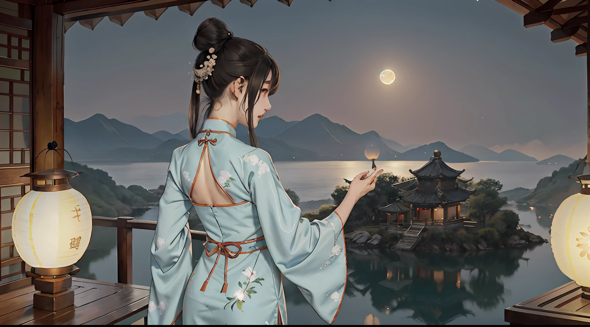 （tmasterpiece：1.2），best qualtiy，realisticlying，Tyndall effect， 1girll， lanterns， Sateen， 独奏， Ancient Chinese clothing， Hanfu， standing on your feet， exteriors， natta， hair-bun， paper lanterns， Single steamed buns， scenecy， Eau， from back， Wide sleeves， artistname， halter， longer sleeves，themoon，by lake，Moon reflection