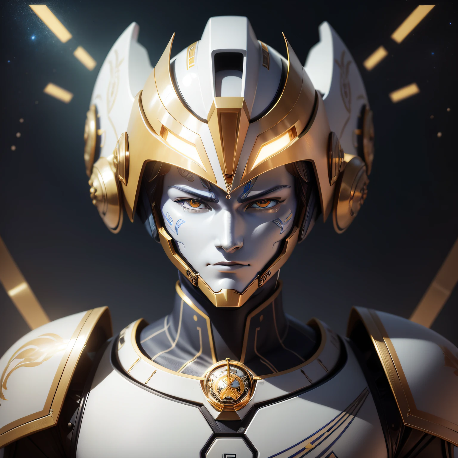 Draw a close-up of a robot with a Hermes motif。The robot's face is shaped like a Hermes helmet.、Its design is reminiscent of ancient Greek ornaments。His eyes seem to reflect the characteristics of Hermes as a god of wisdom and invention.、It shines like looking into the abyss。The background is a starry sky、In it is a star that symbolizes Mercury。Style is surrealist、Lighting is a sacred light、Colors are based on silver and gold、Painted in tones reminiscent of ancient Greek art。Composition uses a telephoto lens、The face of the robot is drawn so that it occupies the entire screen。 --ar 16:9 --v 5.1 --style raw --q 2 --s 750