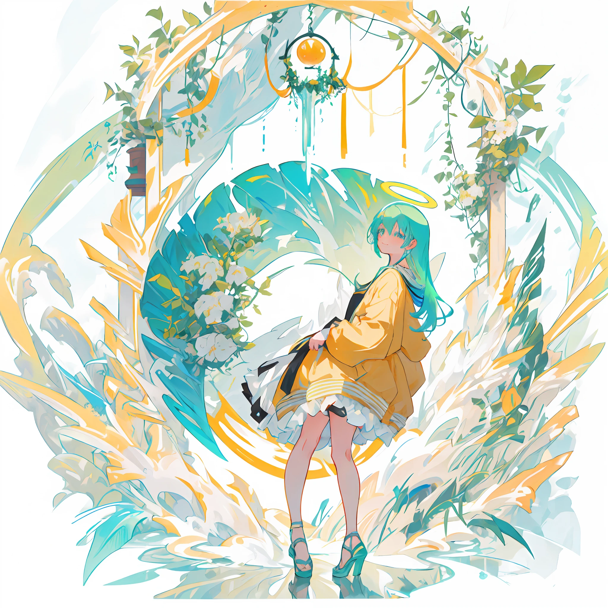 ((1girll)), full bodyesbian,Orange clothes,Green hair,Very long hair, Halo,aqua eyes,sideface, Gradient_Eyes, Pointy ears, Smile, Light smile, character sheets, tachi-e,offcial art，统一 8k 壁纸，ultra - detailed，Beauty and aesthetics，tmasterpiece，best qualtiy，（zentangle，datura，Tangles，entangled），（s fractal art：1.3）,Anime style,The is very detailed，dynamic angle，cow boy shot，The most beautiful form of chaos，vivd colour，romanticism lain，A note of ，streaming musical notes visible