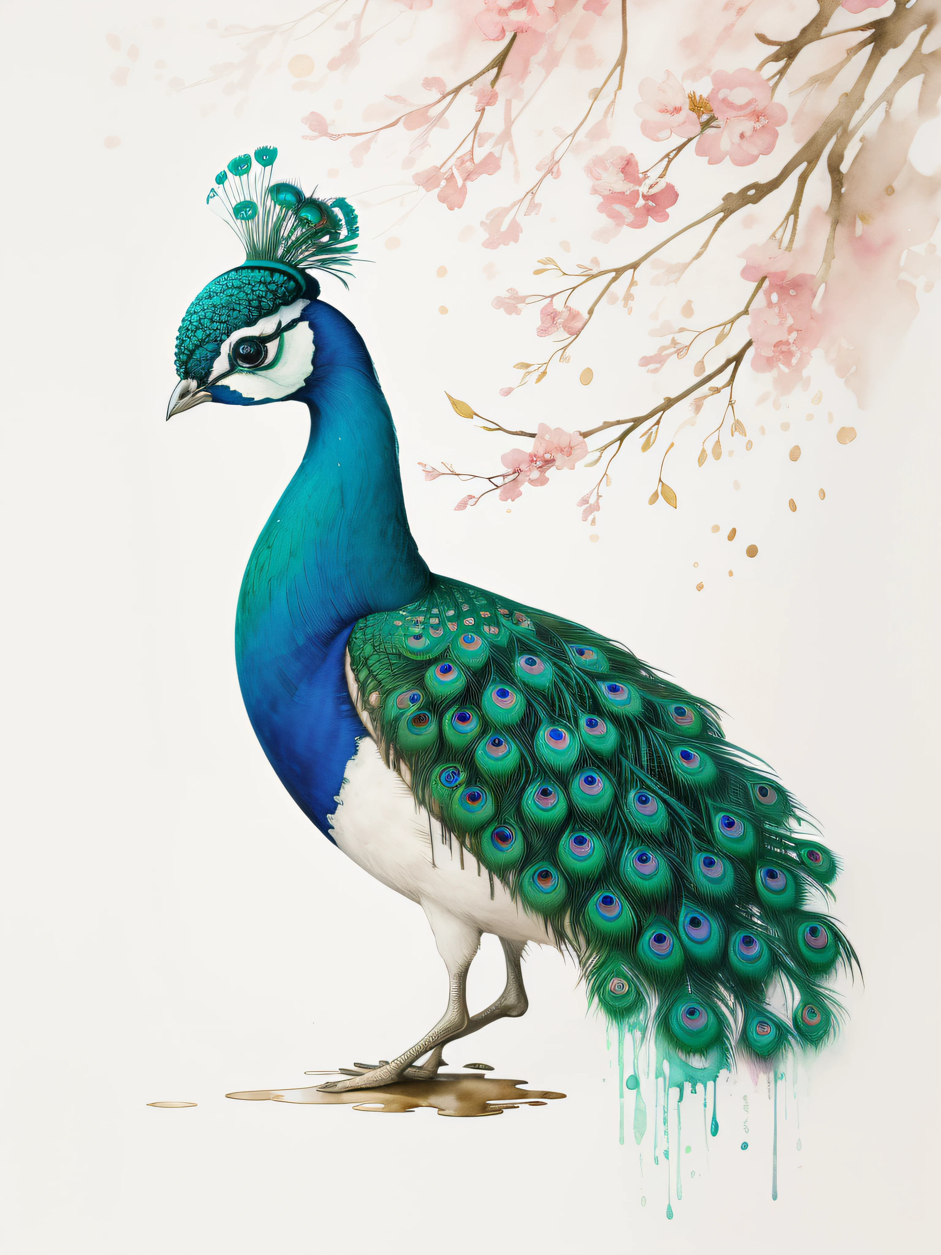 Watercolor peacock painting isolated on white background、watercolor paiting、Splash technique to reproduce wet conditions、Blurry atmosphere、Unique composition、Abstract representation、Contains elements of surrealism、Pale tones、Pale pink and gold color scheme、high resolution details、Ink splash effect、Pale colors。