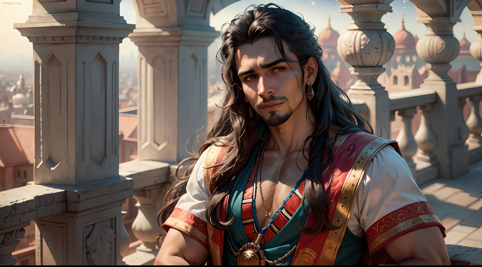drawing, ultra realistic, 8k, extremely detailed, high quality, natural light image, daytime, sunlight, ultra realistic image, realistic texture, extremely detailed, realistic texture, high quality, male 20s, piercing and seductive gaze, frontal image , well-defined goatee, realistic skin, Indian prince clothing, realistic long hair, on the balcony of a royal palace, night, stars, realistic texture,