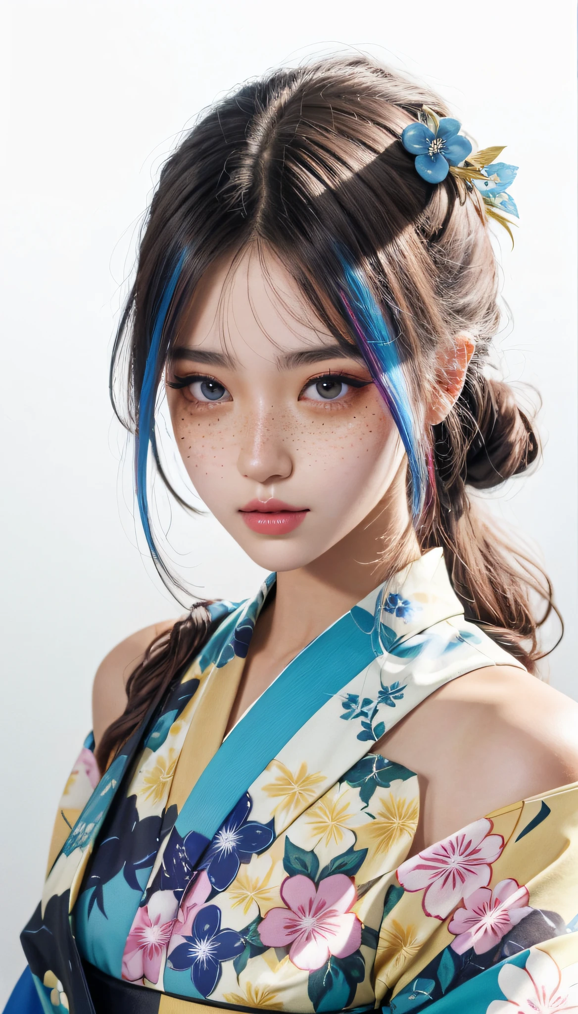 ((ultra - detailed)),((eyes with brightness)),(Detailed eyes),8k,winking,(Little freckles makeup girl),((Realistic skin)),((Focus detail 2 straps on the shoulders of the clothes)),((Shiny facial skin)),Colorful hair and colorful kimono,Rosla's soft vibrancy,Ross La cartoon is vibrant,Style anime 8k,beautiful portraits,The artistic germ is rich and colorful!!!, !dream artgerm, Beautiful anime girls, Style digital art, Art Wallpaper 8k, number art, extremely detailed art germ,