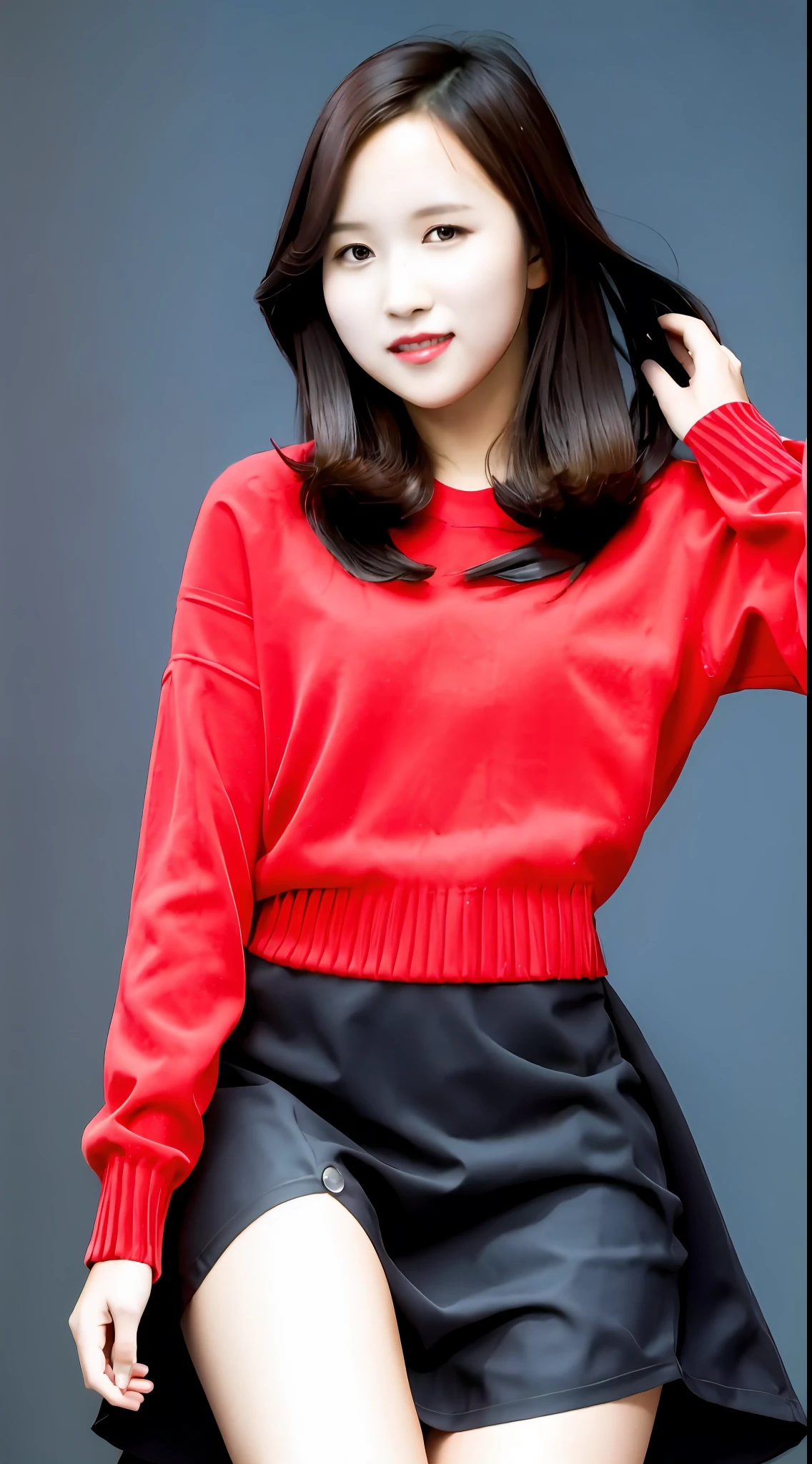 mina,1girll,Solo,A high resolution,Long hair,commentaryrequest,Breasts,view the viewer,Blush,Skirt,Large breasts,Simple background,shirt,Black hair,absurderes,upper legs,