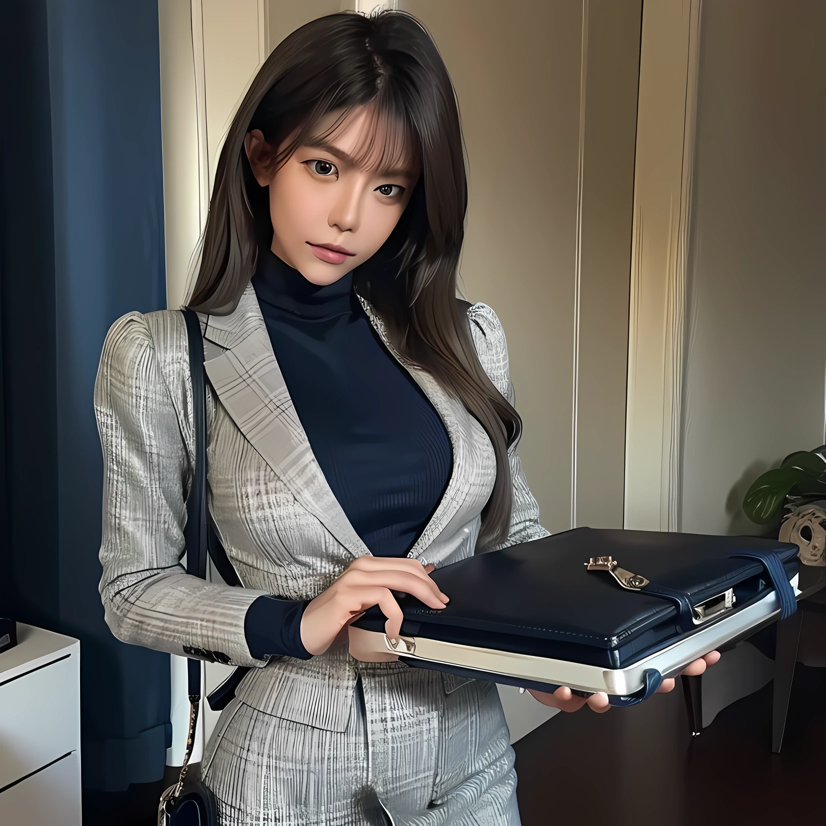 There was a woman holding a blue folder on her wrist:1.5, holding a briefcase:1.3, full subject shown in photo, briefcase, holding a leather purse, rich details, Detailed picture, product introduction photos, Leather Pouch, Elegant appearance, holding a stuff, sleek hands, blue gray, detailled image, multiple details, Young Lady, blue soft details