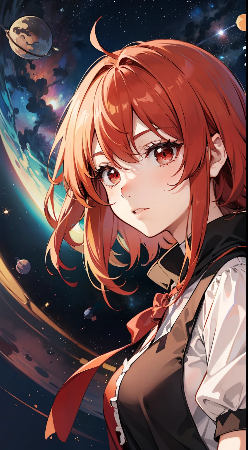 Hekatia,touhou character,red hair color,red eyes,in outer space,afloat