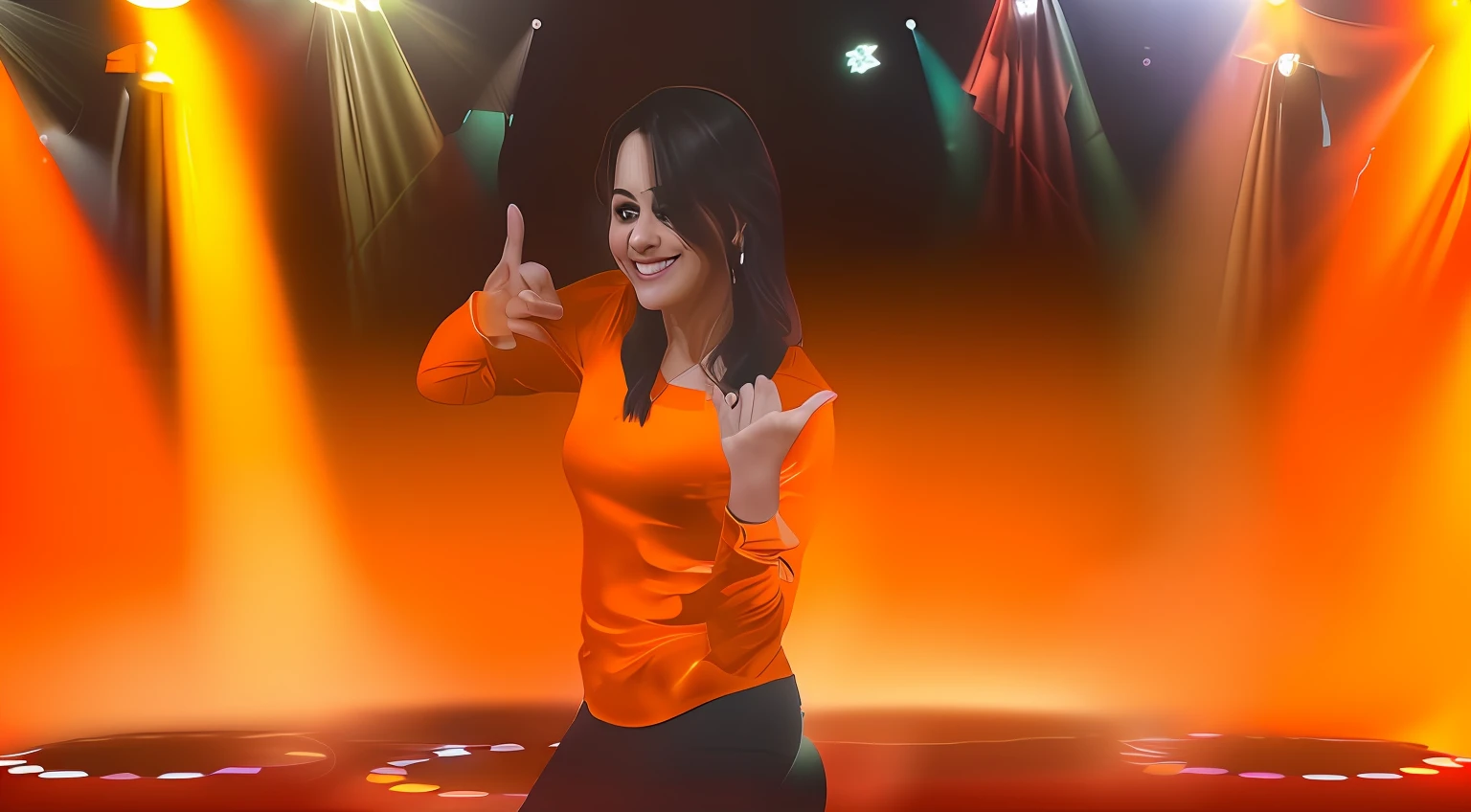 Woman in orange shirt standing in front of stage lights, t pose, dancing in the background, she is dancing. Realistic, t-pose, t - pose, she is dancing, Lorena Avarez, fazendo uma pose atrevida, salsa social dance, com uma pose cool, smiling and dancing, truques de salsa, Salsa, Karla Ortiz