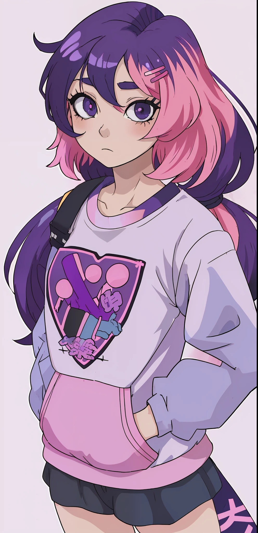 Anime mulher cabelo longo, cabelo multicolorido, cabelo roxo, cabelo azul, cabelo com mechas rosas, pele escura, roupas de moletom