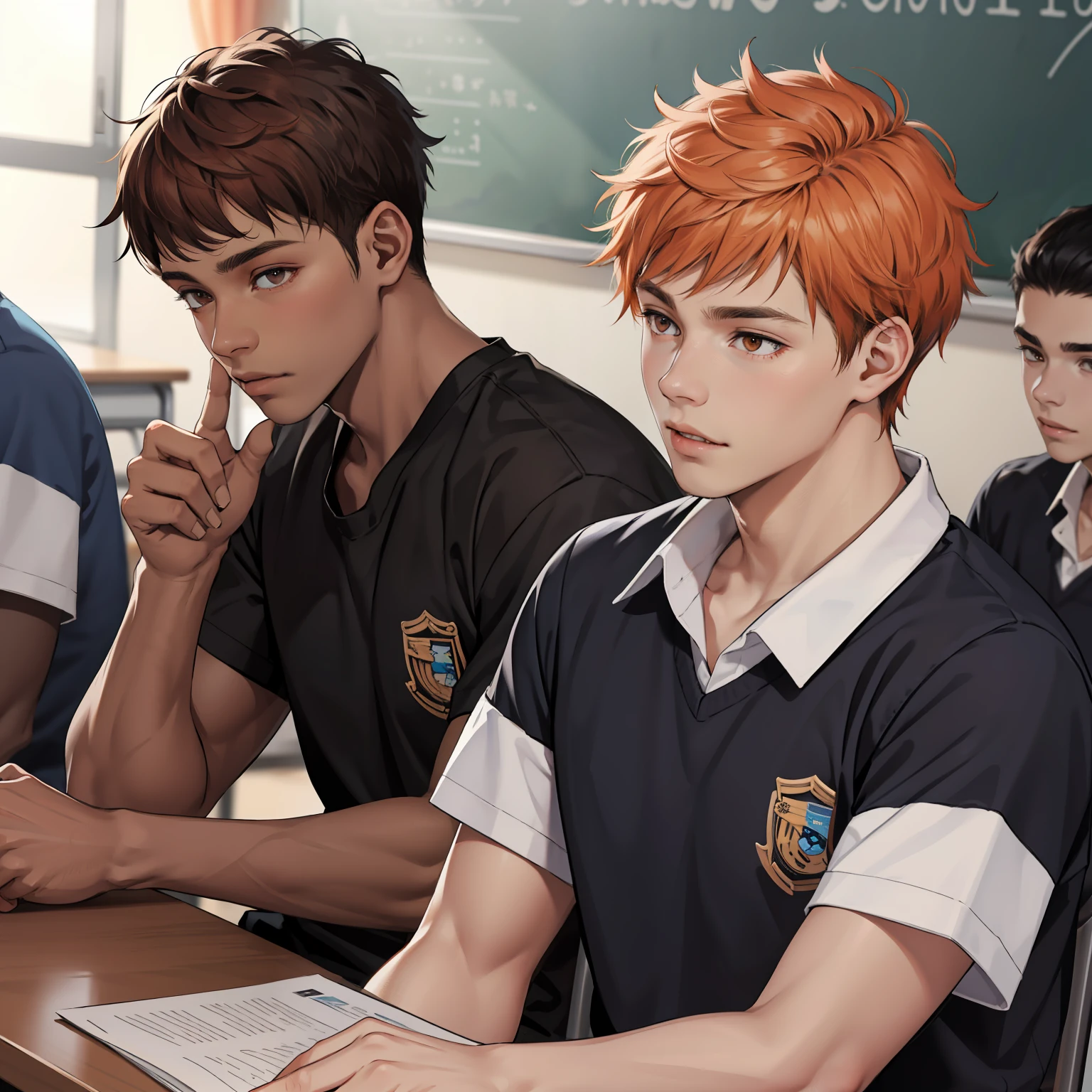 15-year-old male adolescents with brown Latin skin and orange hair, estan en la escuela hablan preocupados sobre algo importante