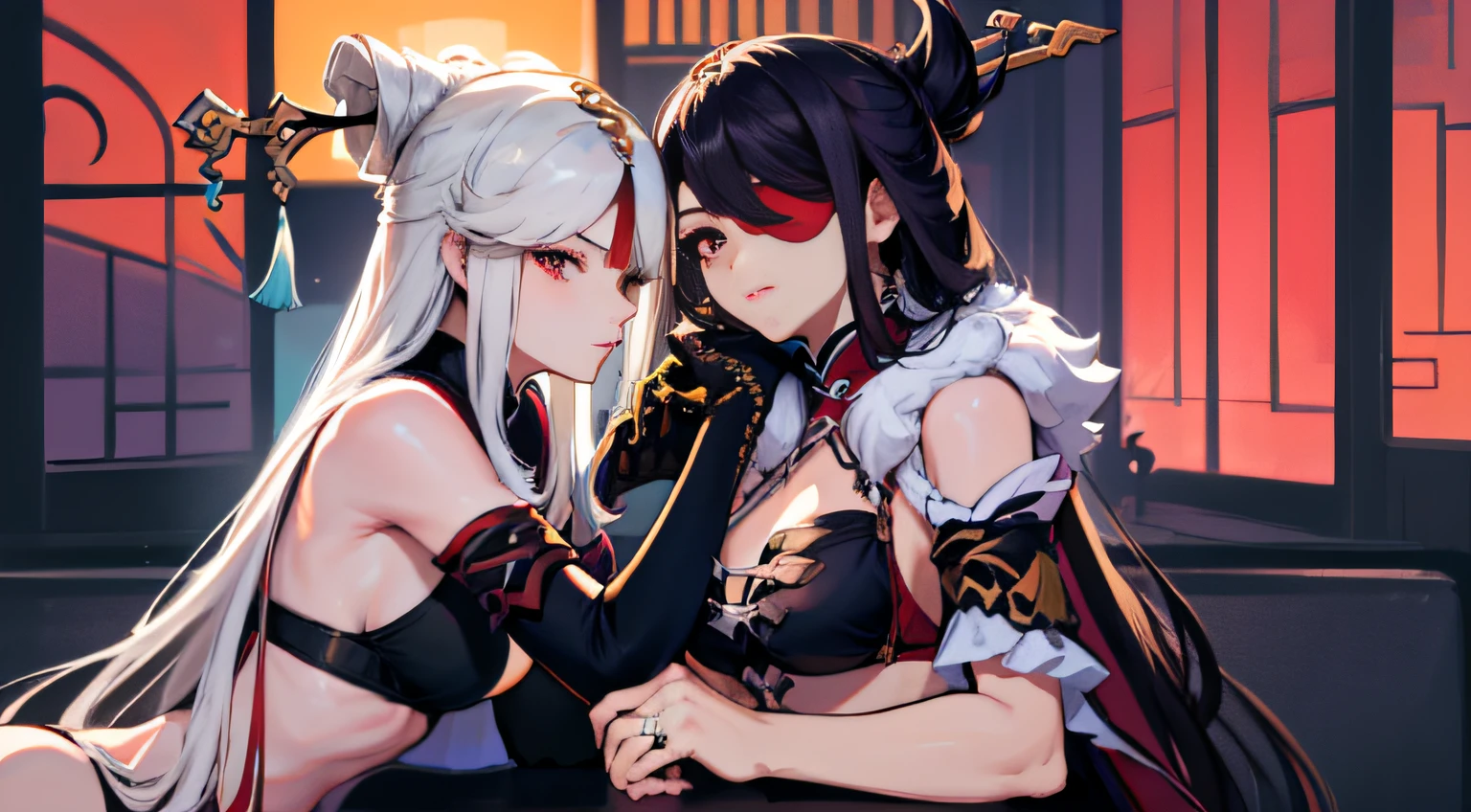 (2 Girls 1.4), (1st party using lora1 Ningguang genshin impact), (The 2nd person uses lora2 Beidou genshin impact.......)Two women were sitting on the floor and one was holding a knife in hand.................., One woman carries another woman.................., Sit with your wrists together.................., Two beautiful girls in love, Two women.................., Lesbian Art, Homosexual girl groups, Handshake, vector art illustration, flat illustration, Flat shading illustration, Lie down with your wrists together.................., two girls, lesbian, Embrace Lesbians,(2:Girls together...................), (NSTDA.:1.2), (10, beste-Qualit, master-piece: 1.4), ultra-high resolution, (lifelike, photorealistic portrait: 1.48), 20 age, Cute Girl, (See through the bikini beetle), Famous Japanese actors, beautiful clear eyes, G Cup Big Breasts, Head tilt., cowboy shot, from the side, looking at the audience, expressionless, Beautiful lake, Zeiss 150mm F/ 2.8 Hasselblad, Around the lake there are high mountains surrounded by striped mountains....................., Whole body, foot, Ultra-Wide Angle, The backyard is a beautiful sea....................................................................... ,