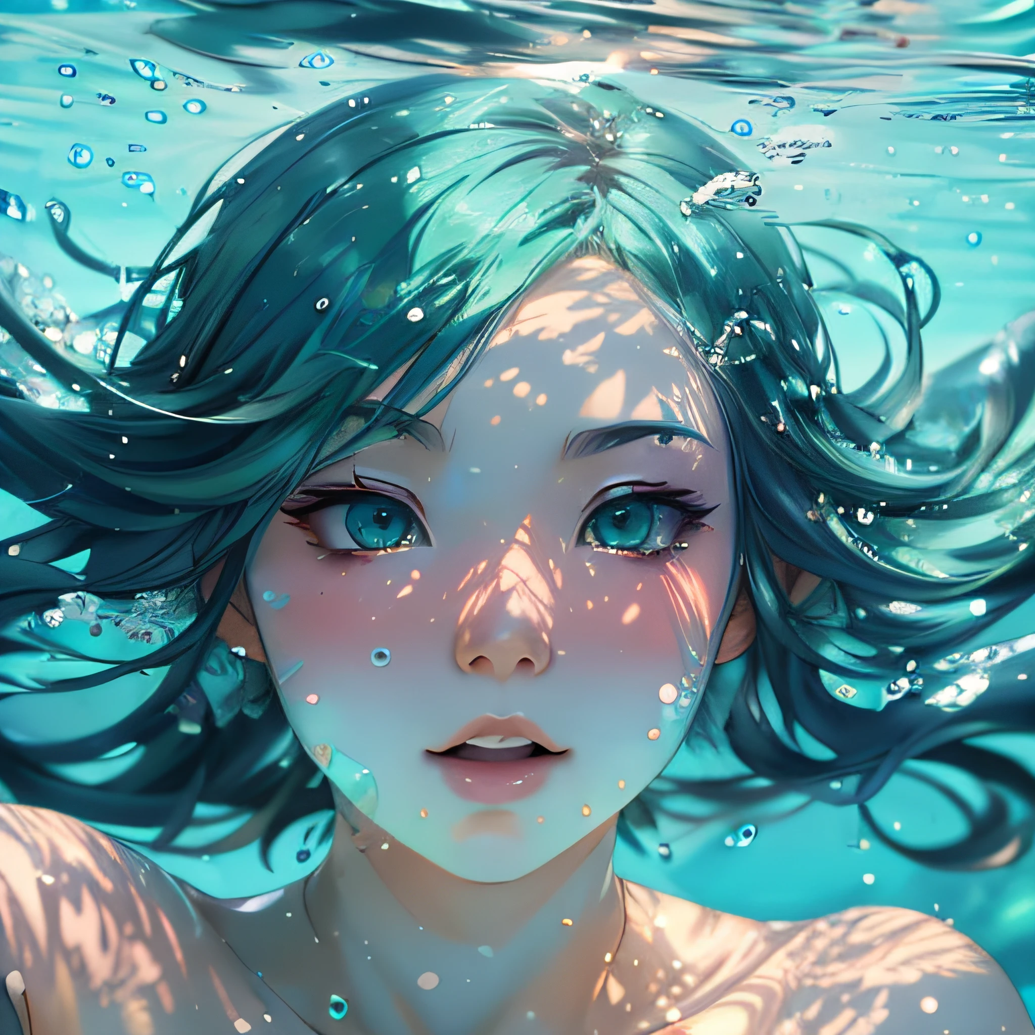 Anime girl with blue hair and green eyes in the water, ross tran 8 k, deviantart artstation cgscosiety, artwork in the style of guweiz, Detailed Digital Anime Art, beautiful digital works of art, beautiful digital illustrations, stunning digital illustration, inspired by Ross Tran, by Ross Tran, loish and wlop, 4K highly detailed digital art