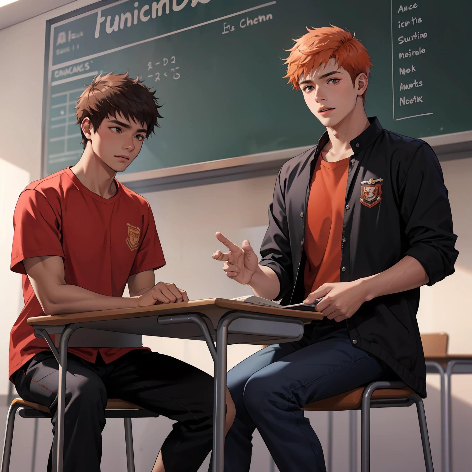 15-year-old male adolescents with brown Latin skin and orange hair, estan en la escuela hablan preocupados sobre algo importante