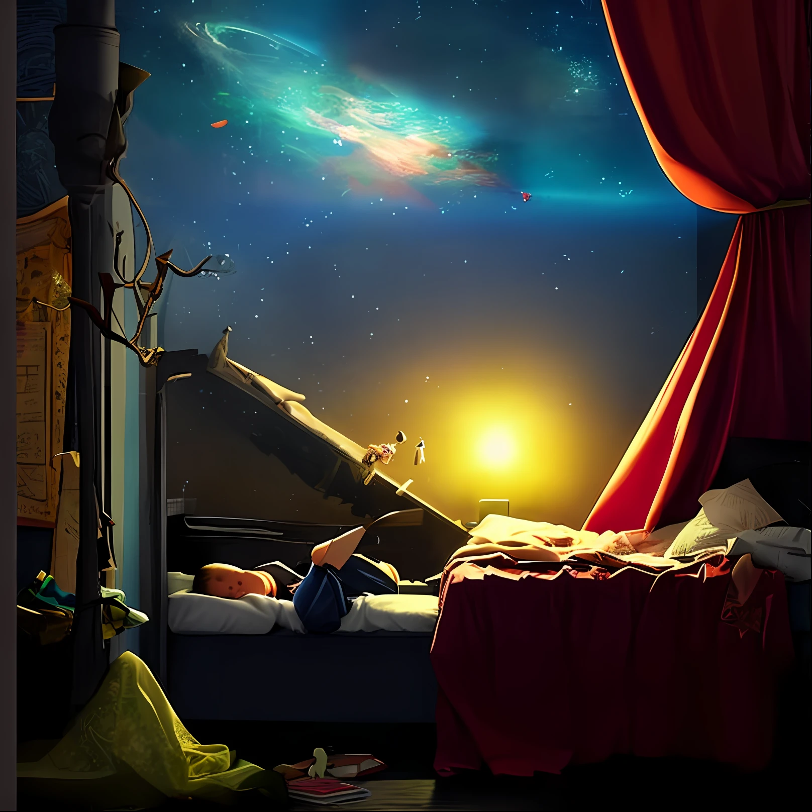 The boy was lying on the bed,Holding a book and a stuffed animal, storybook realism, Storybook fantasy, Lucid Dreaming, Surreal dreams, dreamy night, kid lit, reality infused with dreams, Dreamy atmosphere, story book, a master piece of storytelling, stories, in a dream world, sweet dreams, Dreams invade earthly space, Dream within a dream, Surreal fantasy
