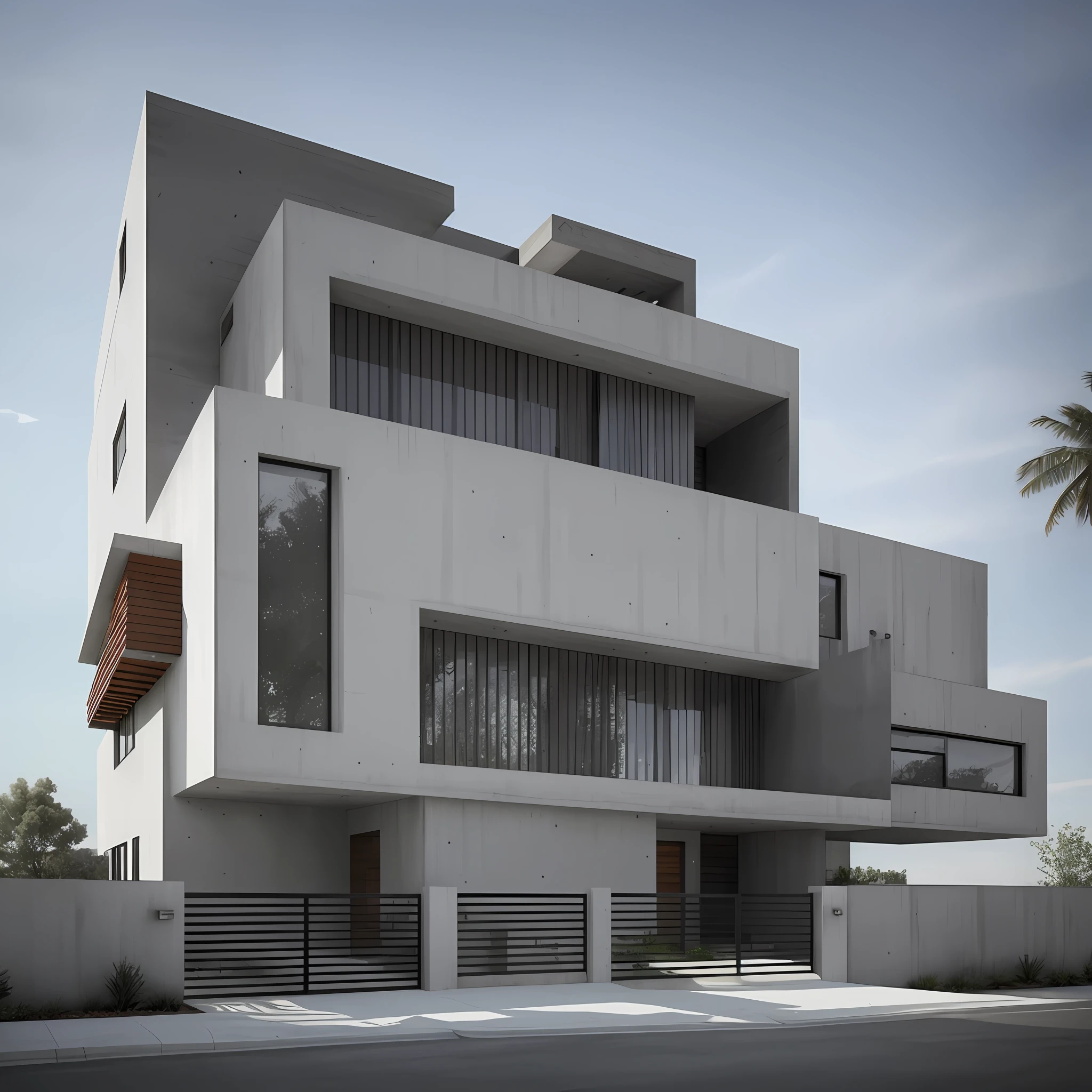 Modern residence, um andar, alvenaria de concreto, Extremamente Detalhada, High-resolution Corona rendering, Broad and dynamic perspective