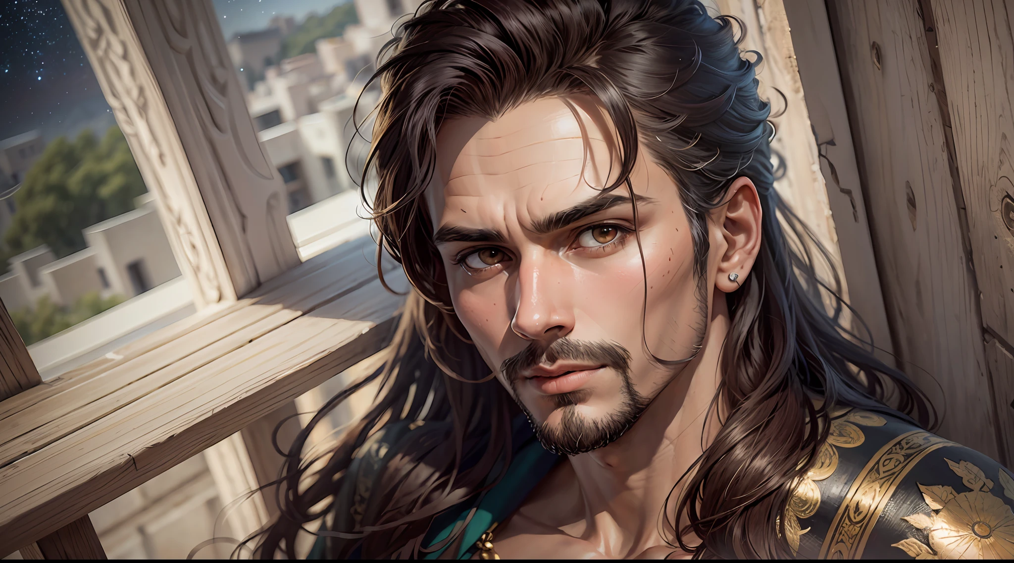 drawing, ultra realistic, 8k, extremely detailed, high quality, natural light image, daytime, sunlight, ultra realistic image, realistic texture, extremely detailed, realistic texture, high quality, male 20s, piercing and seductive gaze, frontal image , well-defined goatee, realistic skin, Indian prince clothing, realistic long hair, on the balcony of a royal palace, night, stars, realistic texture,
