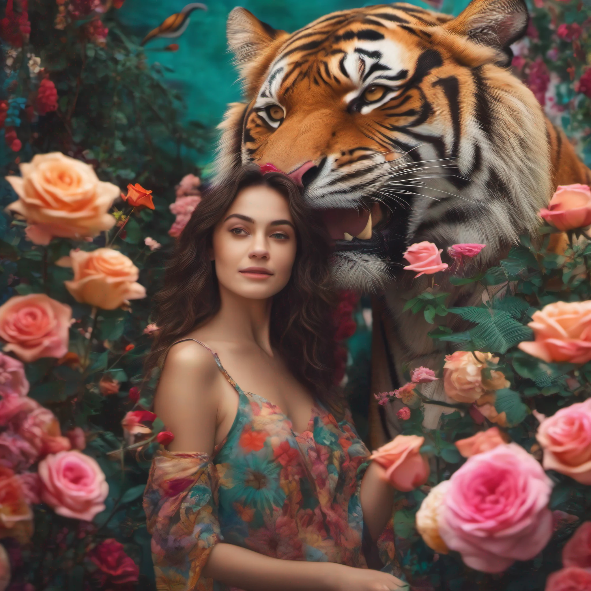 Uma mulher loira linda feliz, standingn, olhos azuis cintilantes, corpo perfeito, Hugging a big tiger, em um jardim com centenas de flores e rosas multicoloridas, Skewer scene, cinematic luminosity, obra prima,16k, imagem realista.