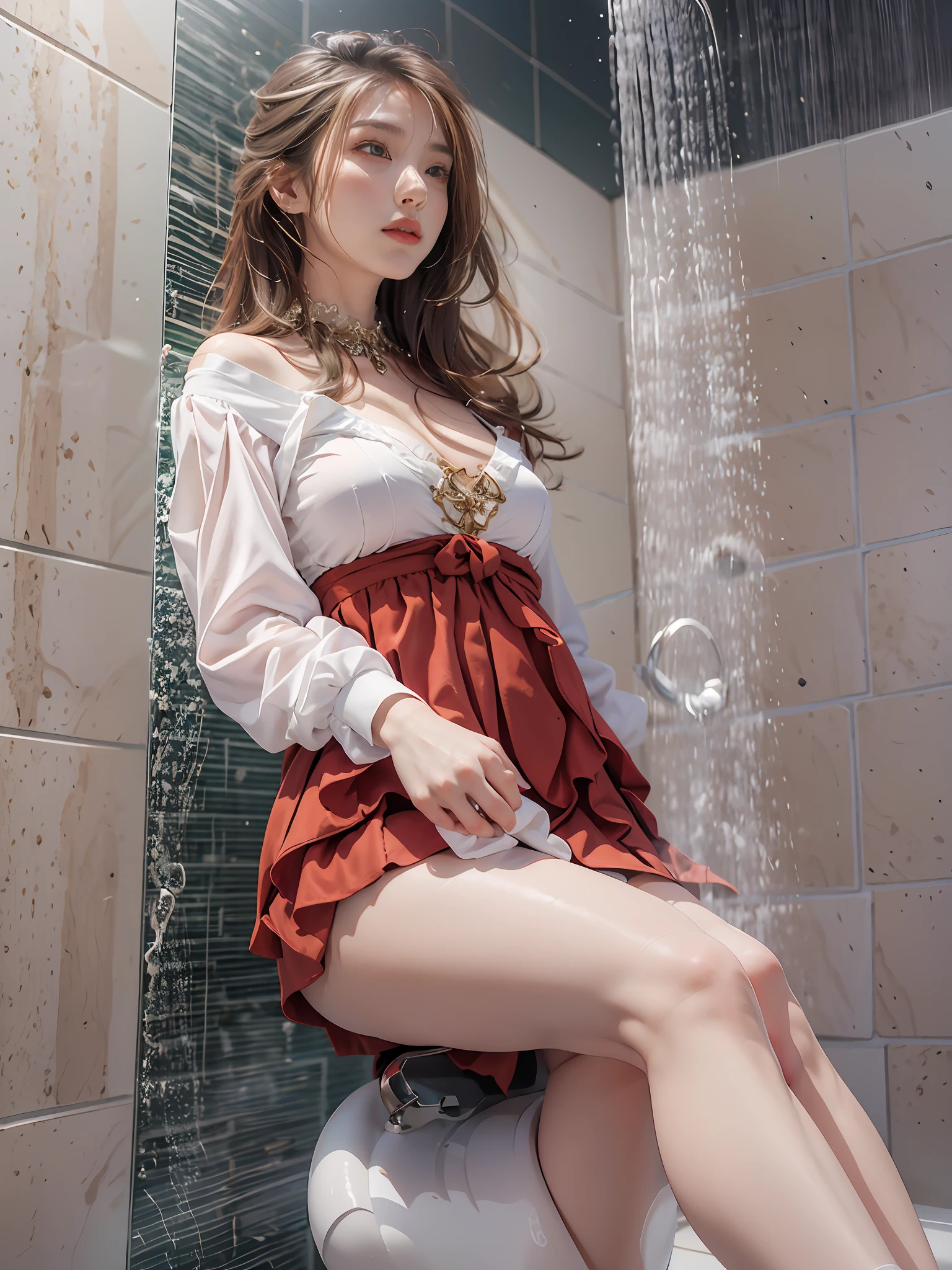 It's very realistic，A woman stands in the shower，Soaked upper body，wavey hair，Gorgeous Korean model，Very charming and beautiful，A white tight-fitting top with a sense of design，cropped shoulders，Red split skirt，Flesh-colored stockings，Sit Pose，legs separated，sexy boobs，pantyless，Camel toes，Nikon photo effect。