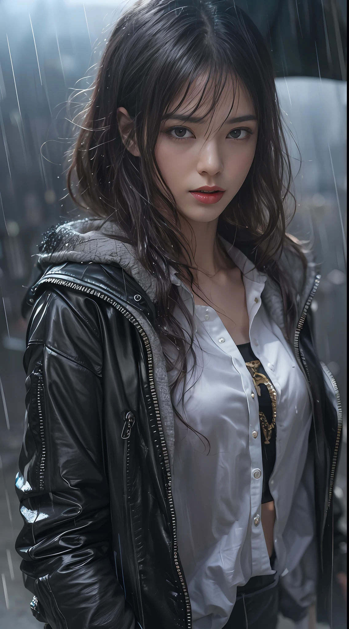 Strong realism，（best qualtiy，4k，tmasterpiece：1.3），Pretty Women，1girl，Raised sexy：1.1，dark brown  hair：1.1，（Wet with rain，Wet with rain，Get wet：1.2），Gilet blanc，Super detailed face，Detailed lips，A detailed eye，二重まぶた